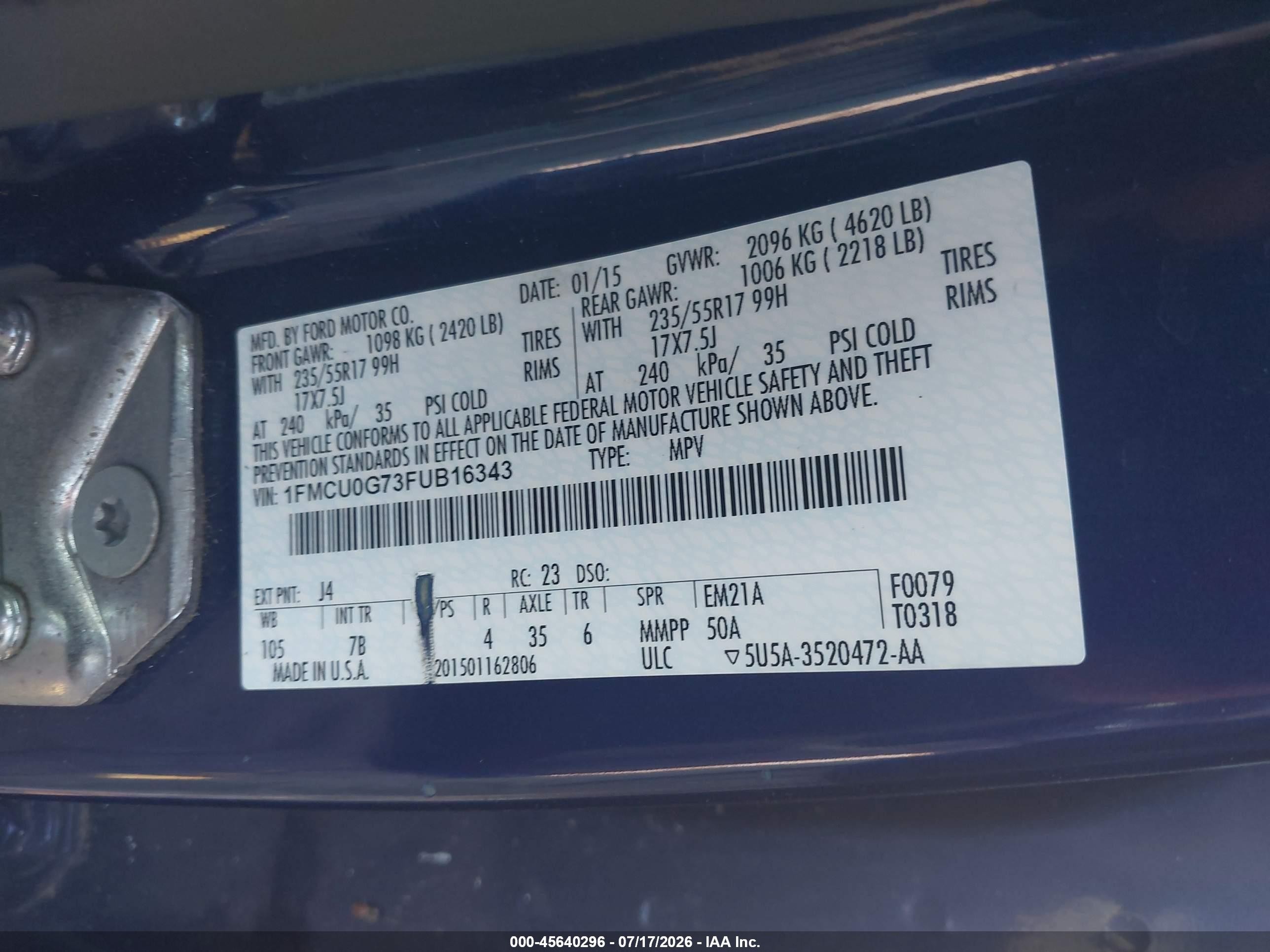2015 Ford Escape Se Blue vin: 1FMCU0G73FUB16343