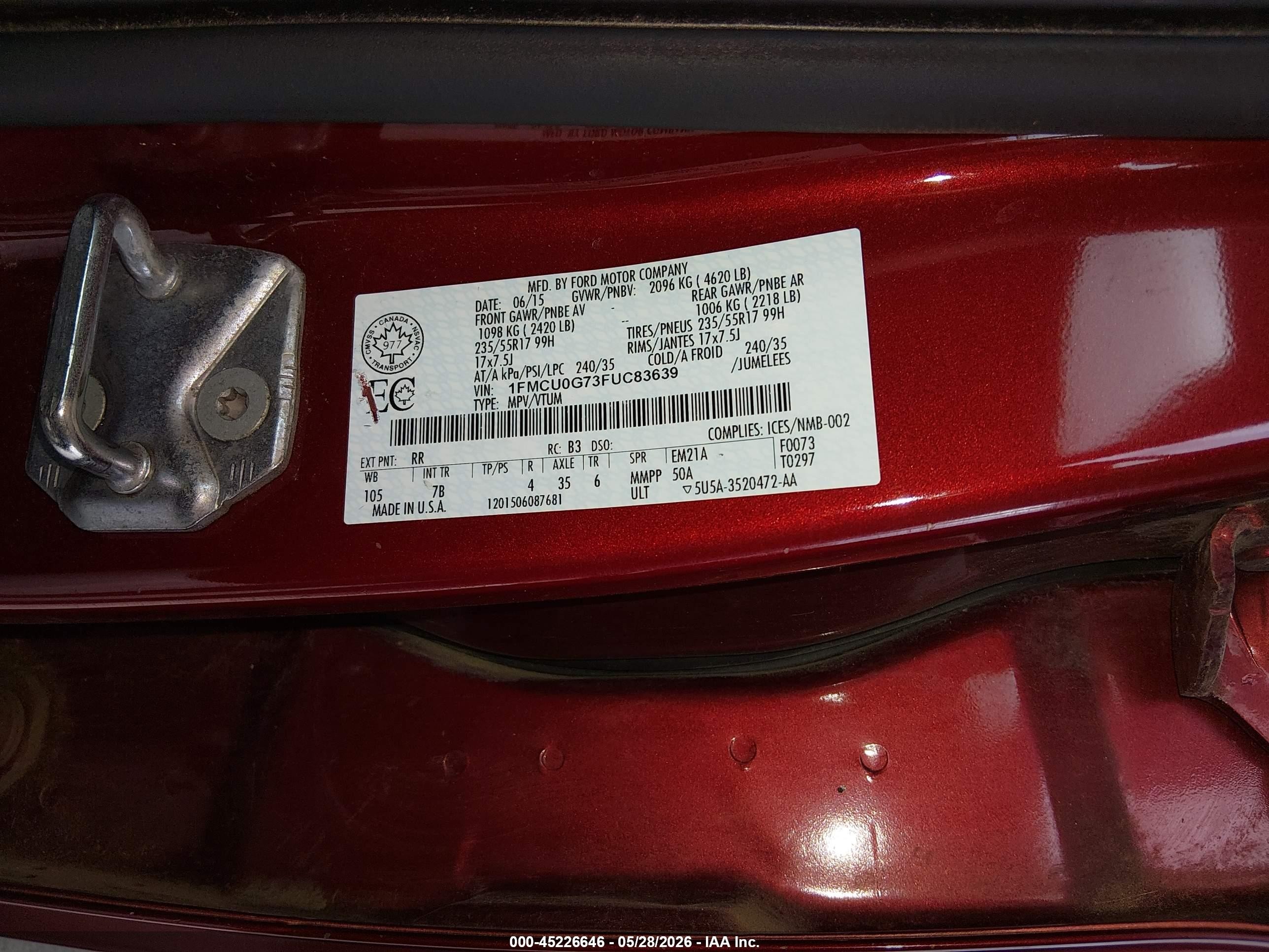 2015 Ford Escape Se Red vin: 1FMCU0G73FUC83639