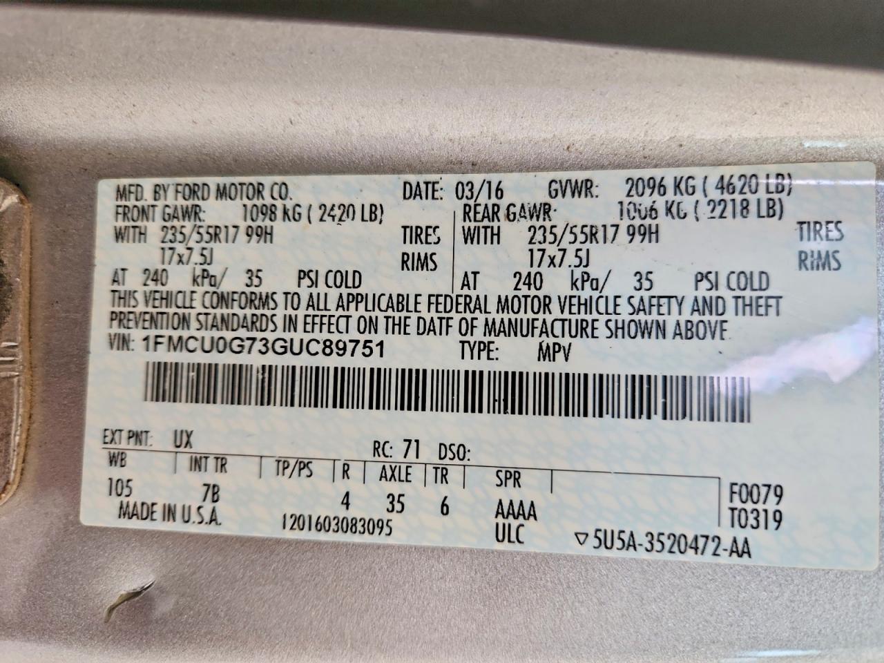 2016 Ford Escape Se Silver vin: 1FMCU0G73GUC89751