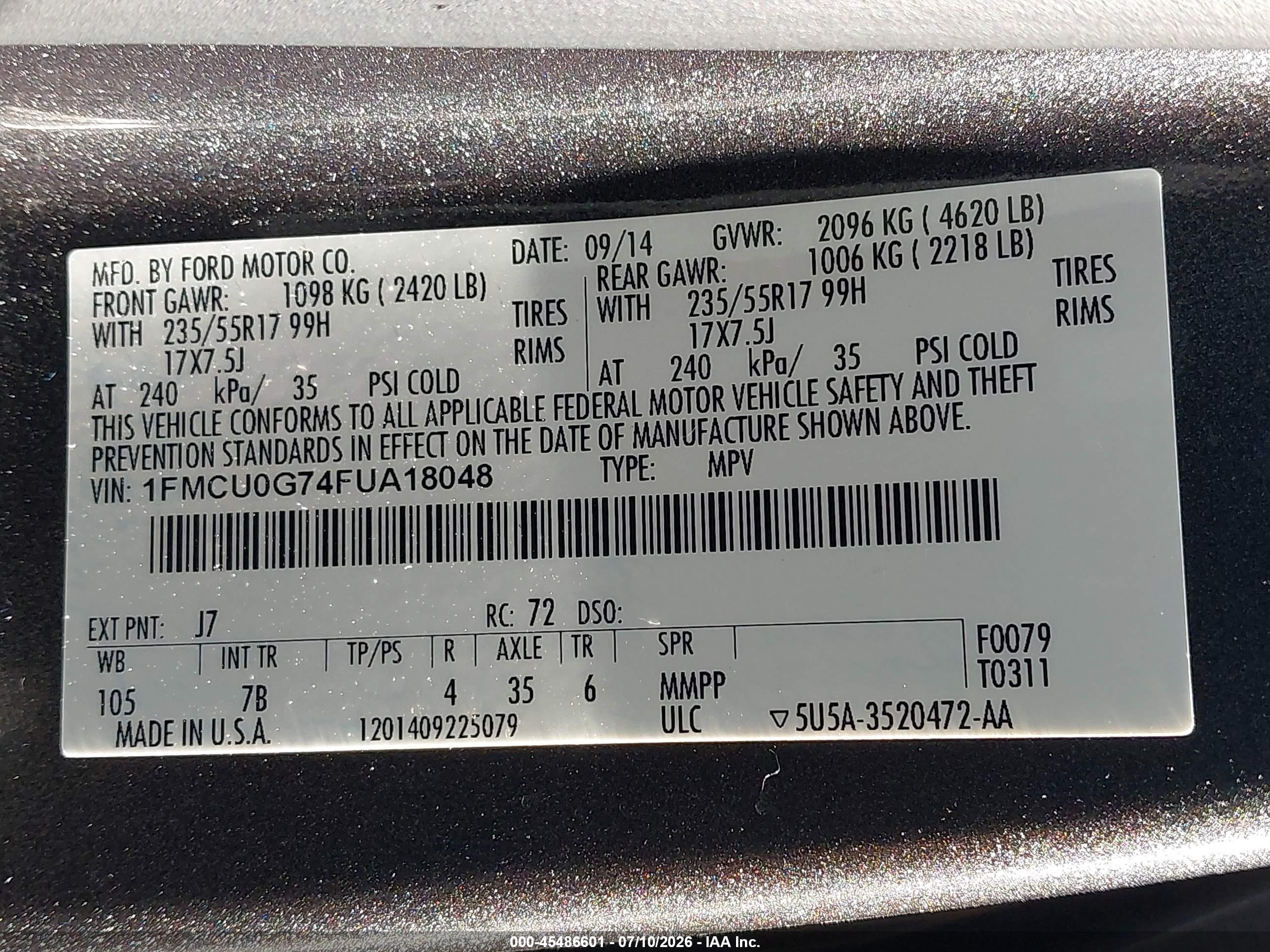 2015 Ford Escape Se Gray vin: 1FMCU0G74FUA18048
