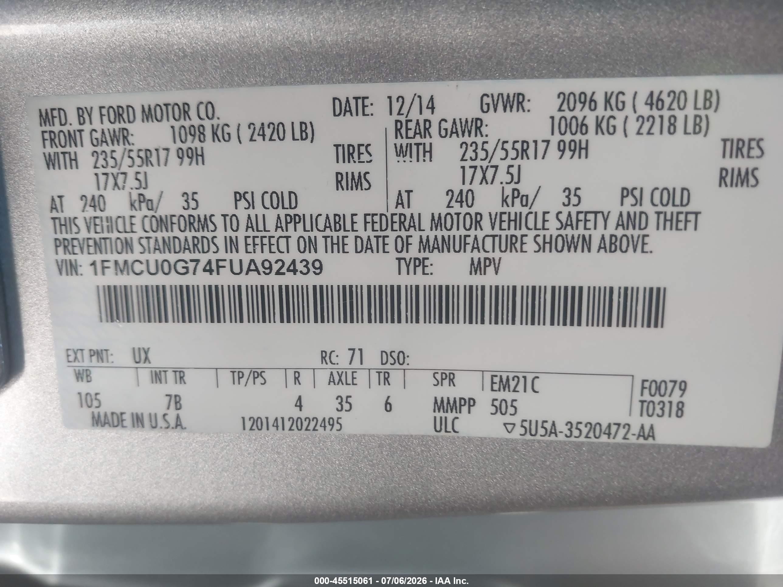 2015 Ford Escape Se Silver vin: 1FMCU0G74FUA92439