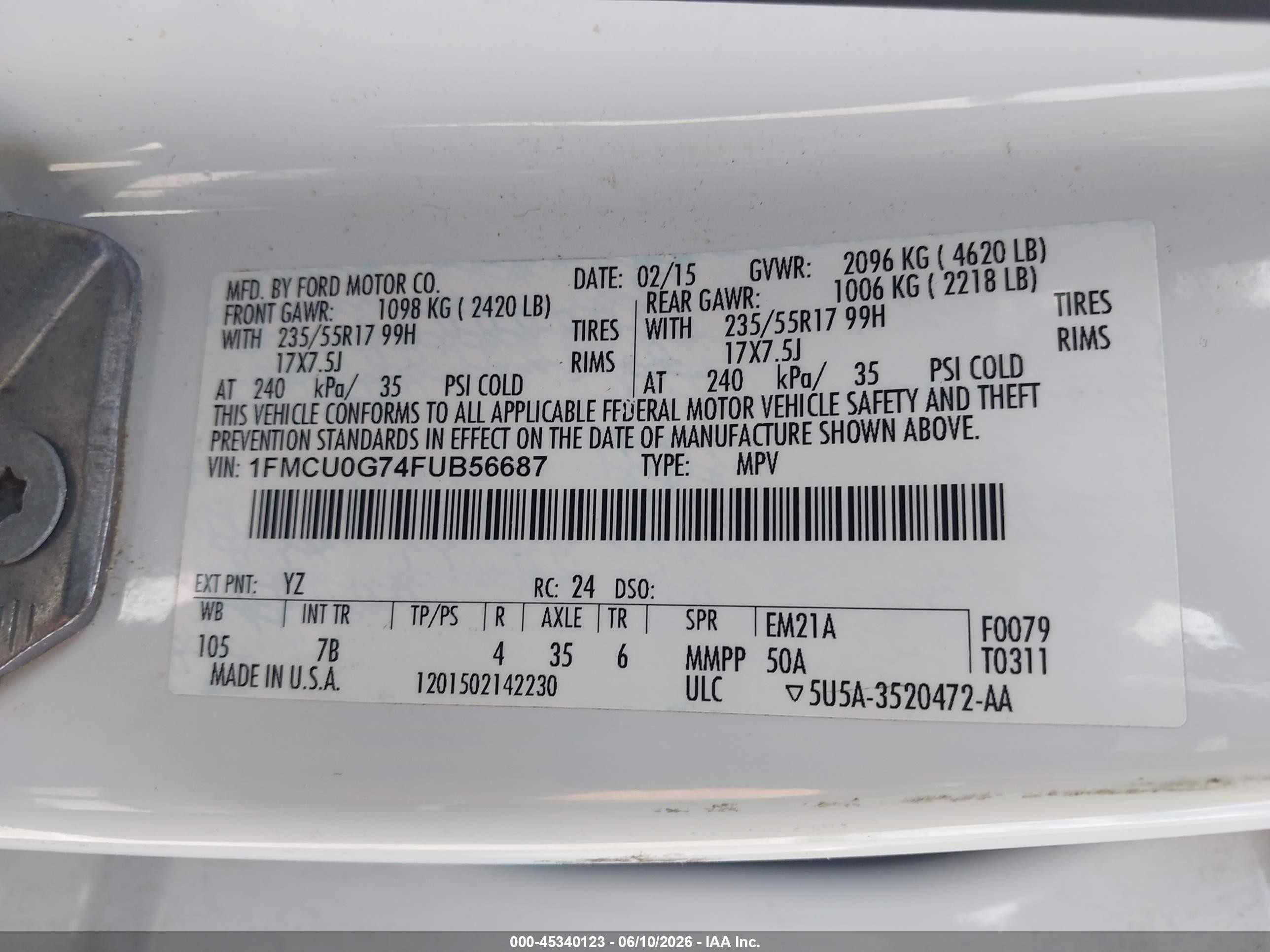 2015 Ford Escape Se White vin: 1FMCU0G74FUB56687