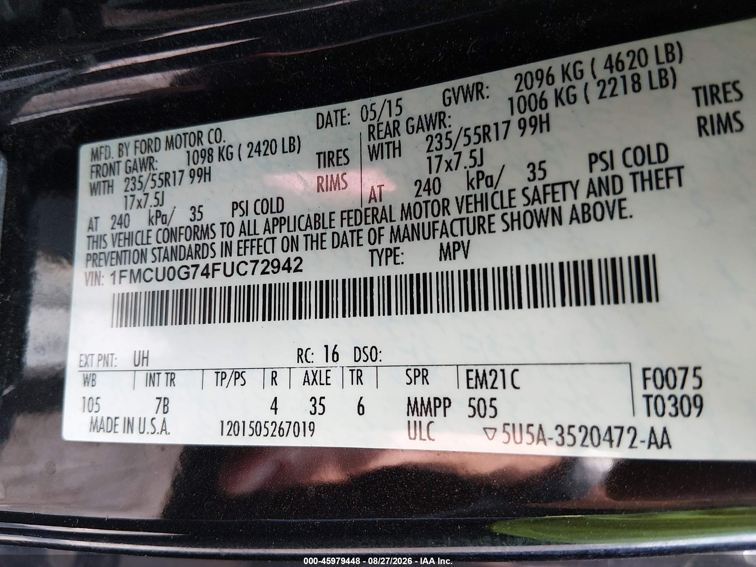2015 Ford Escape Se Black vin: 1FMCU0G74FUC72942
