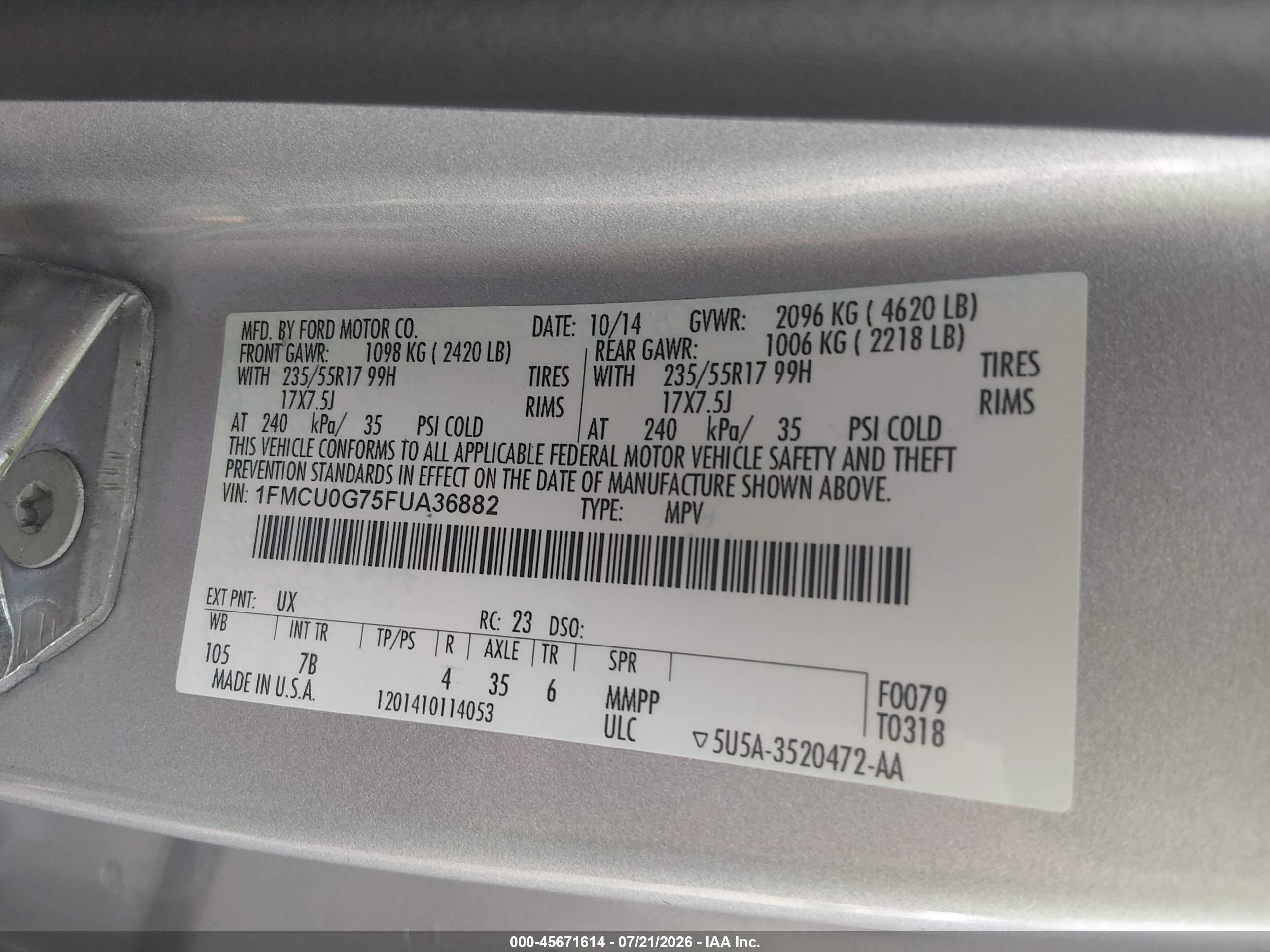 2015 Ford Escape Se Серебряный vin: 1FMCU0G75FUA36882