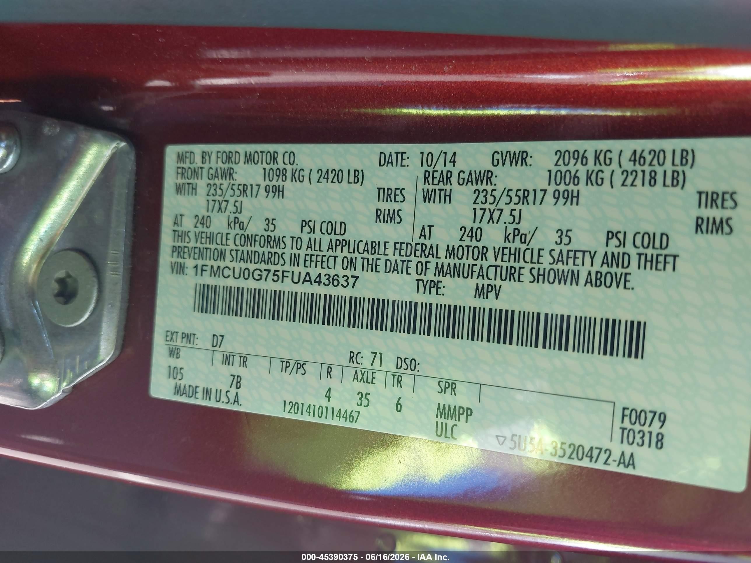 2015 Ford Escape Se Red vin: 1FMCU0G75FUA43637