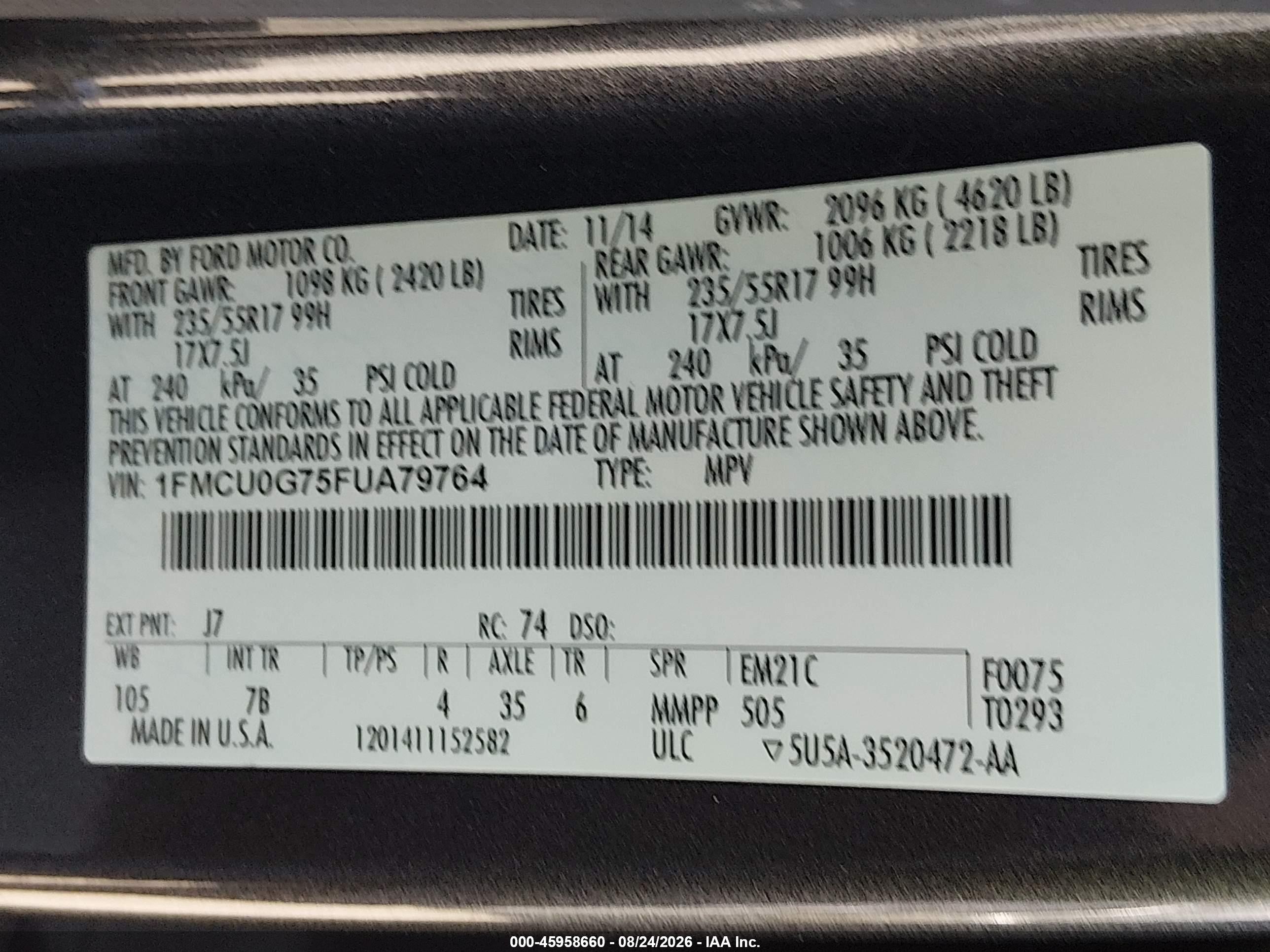 2015 Ford Escape Se Gray vin: 1FMCU0G75FUA79764