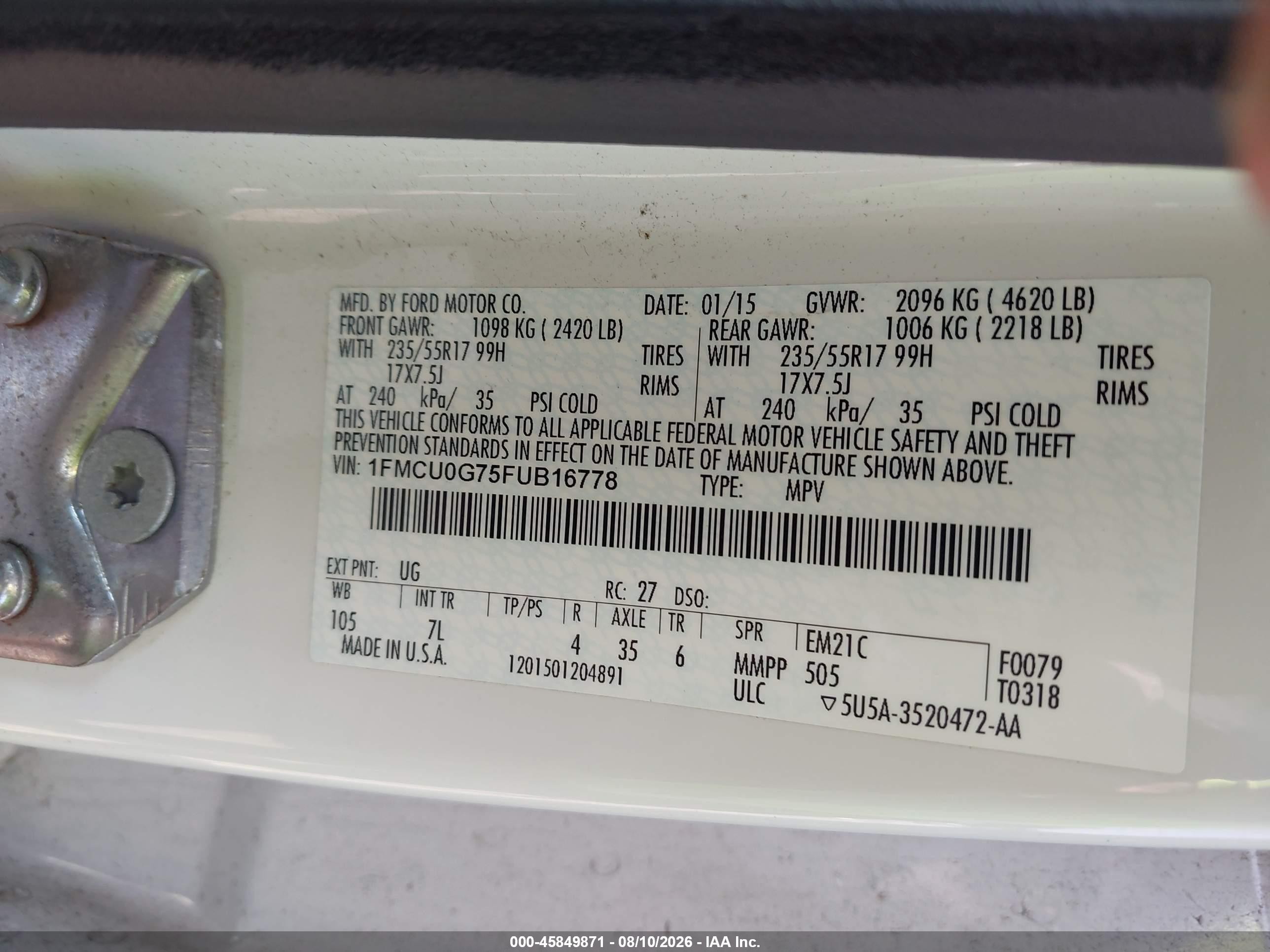 2015 Ford Escape Se White vin: 1FMCU0G75FUB16778