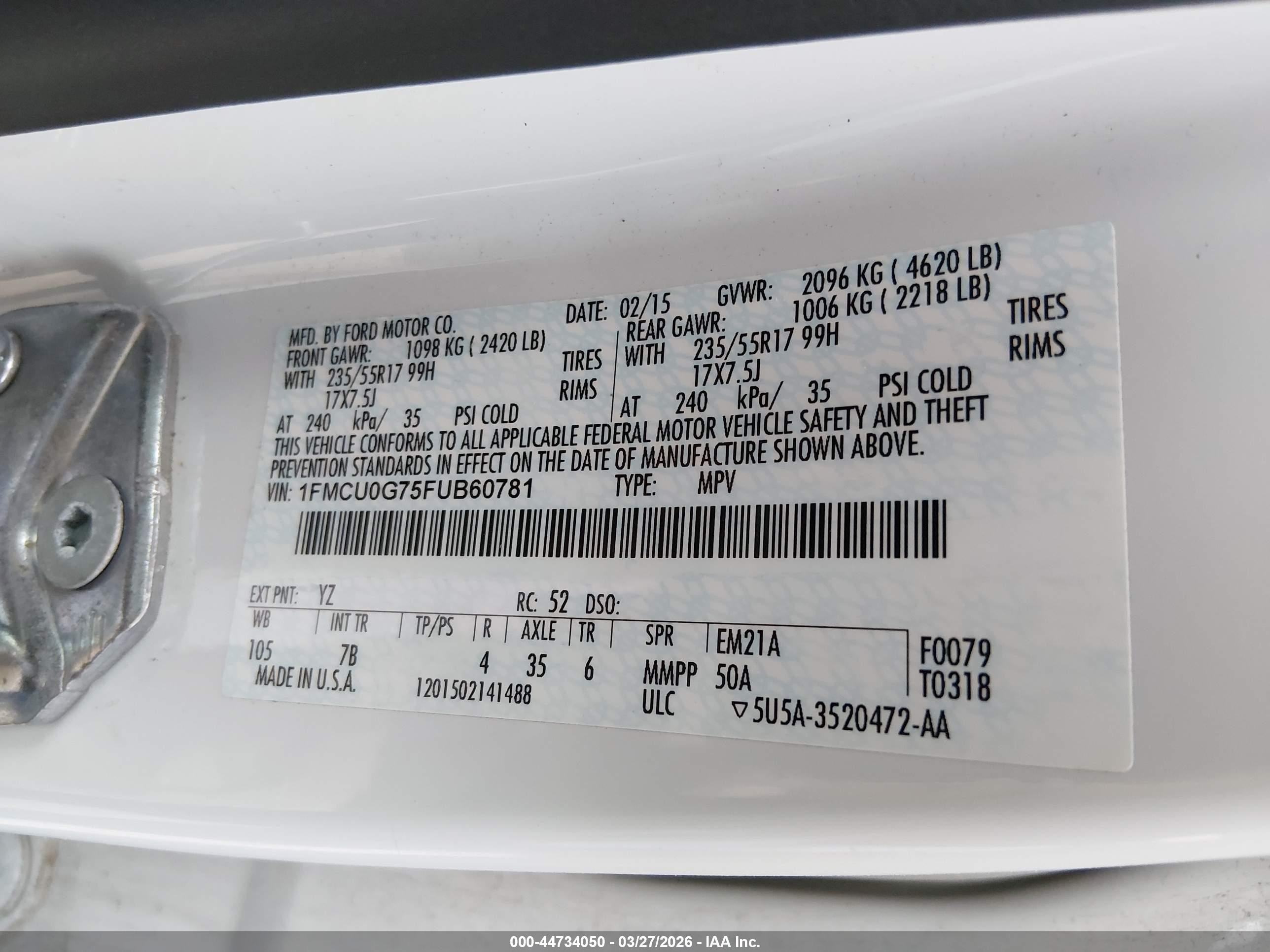 2015 Ford Escape Se White vin: 1FMCU0G75FUB60781