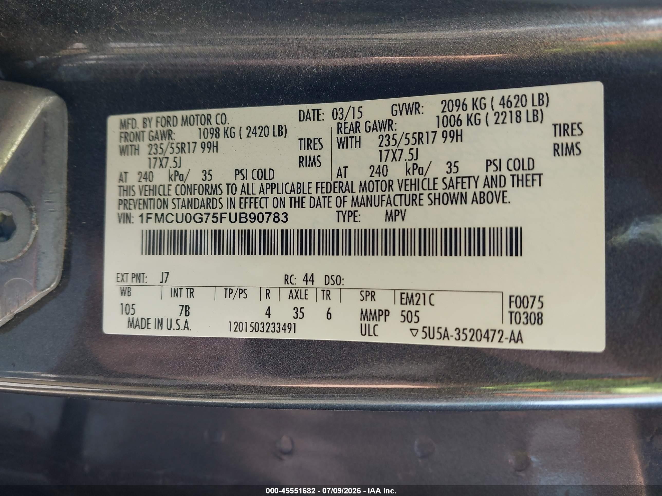 2015 Ford Escape Se Gray vin: 1FMCU0G75FUB90783