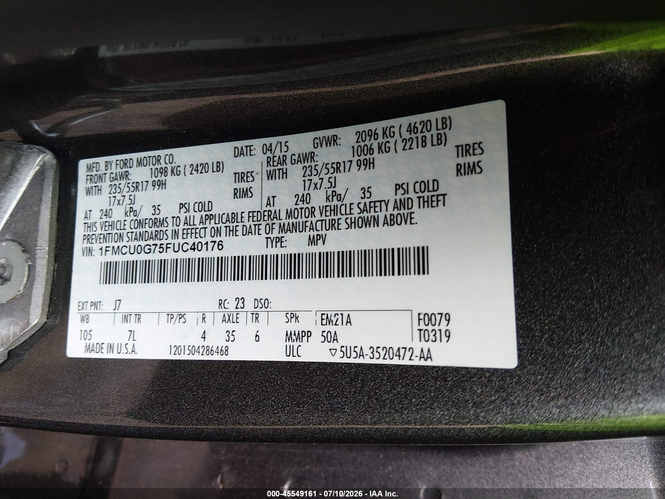 2015 Ford Escape Se Pewter vin: 1FMCU0G75FUC40176