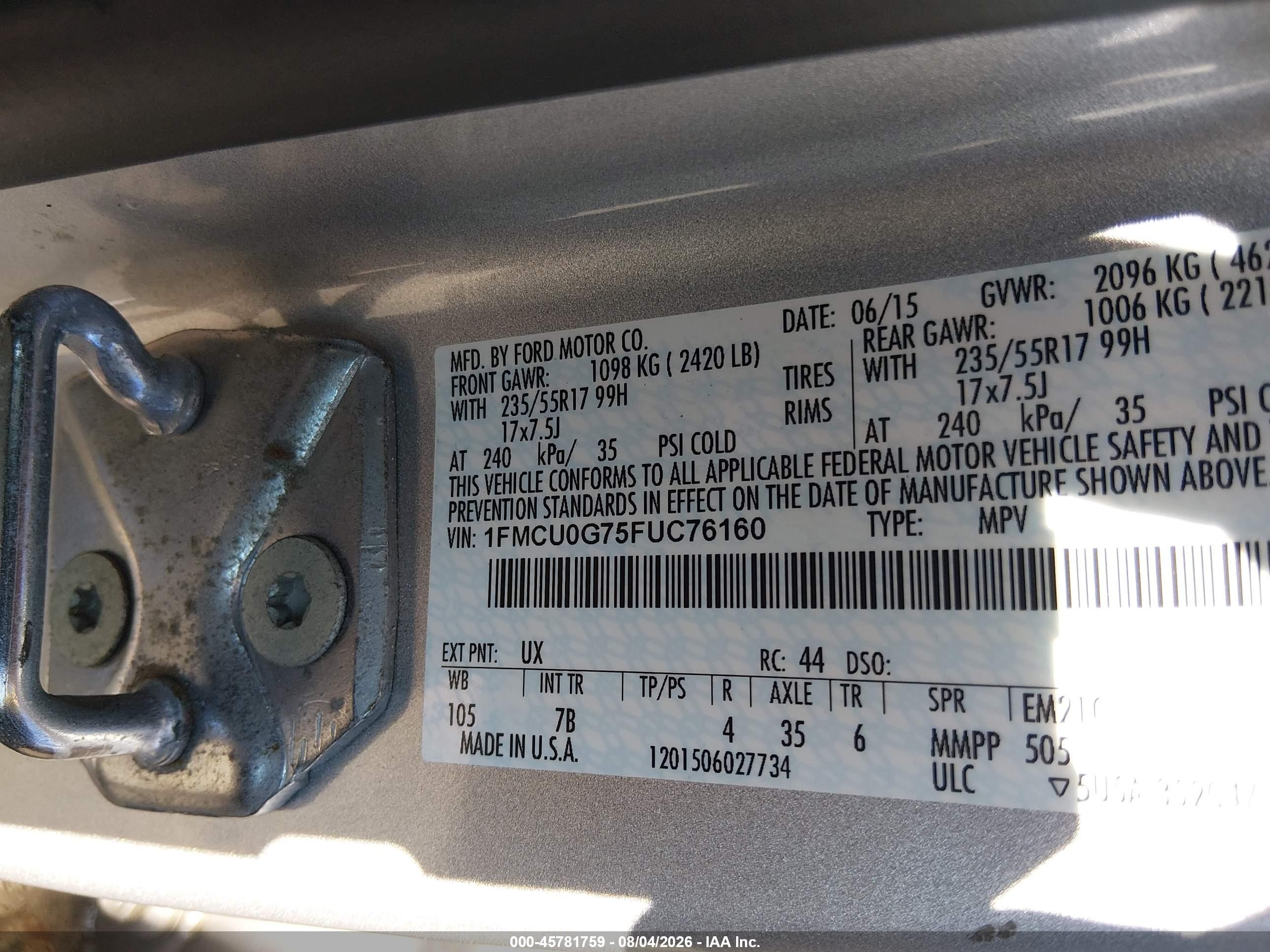 2015 Ford Escape Se Gray vin: 1FMCU0G75FUC76160