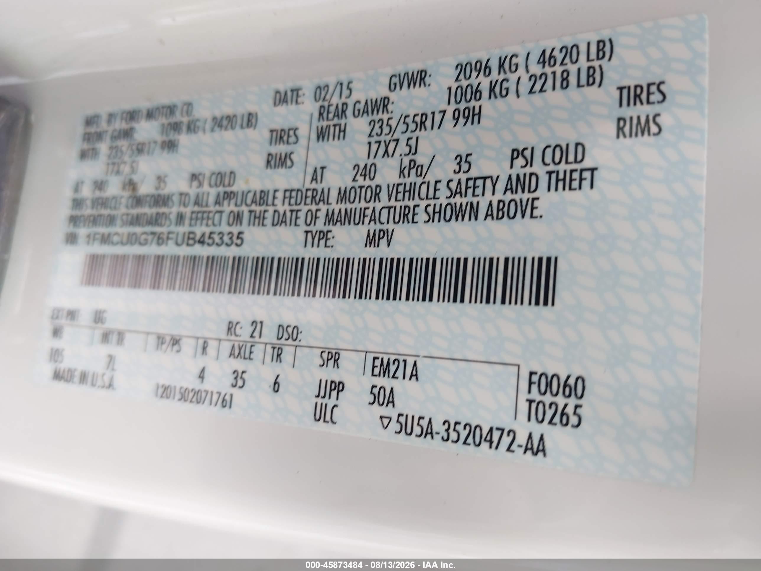 2015 Ford Escape Se White vin: 1FMCU0G76FUB45335