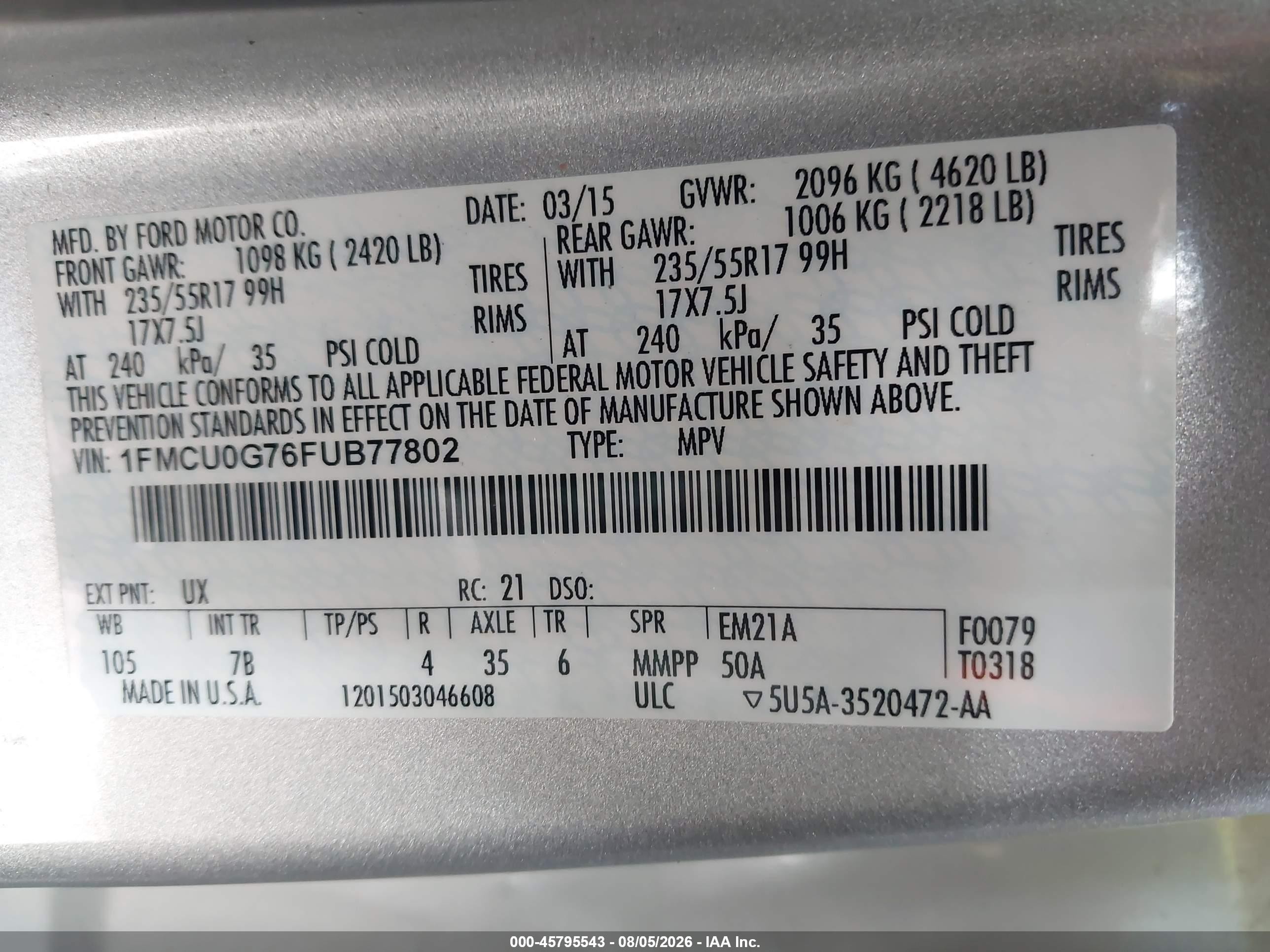 2015 Ford Escape Se Silver vin: 1FMCU0G76FUB77802