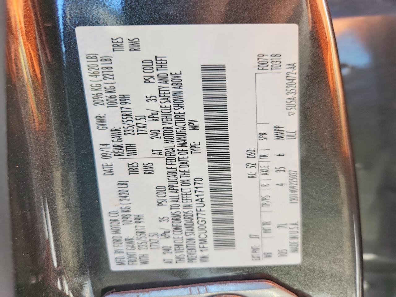 2015 Ford Escape Se Gray vin: 1FMCU0G77FUA17170