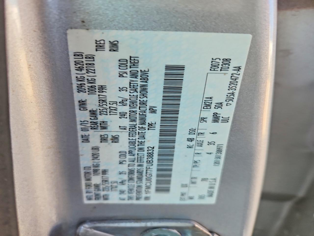2015 Ford Escape Se Silver vin: 1FMCU0G77FUB38832