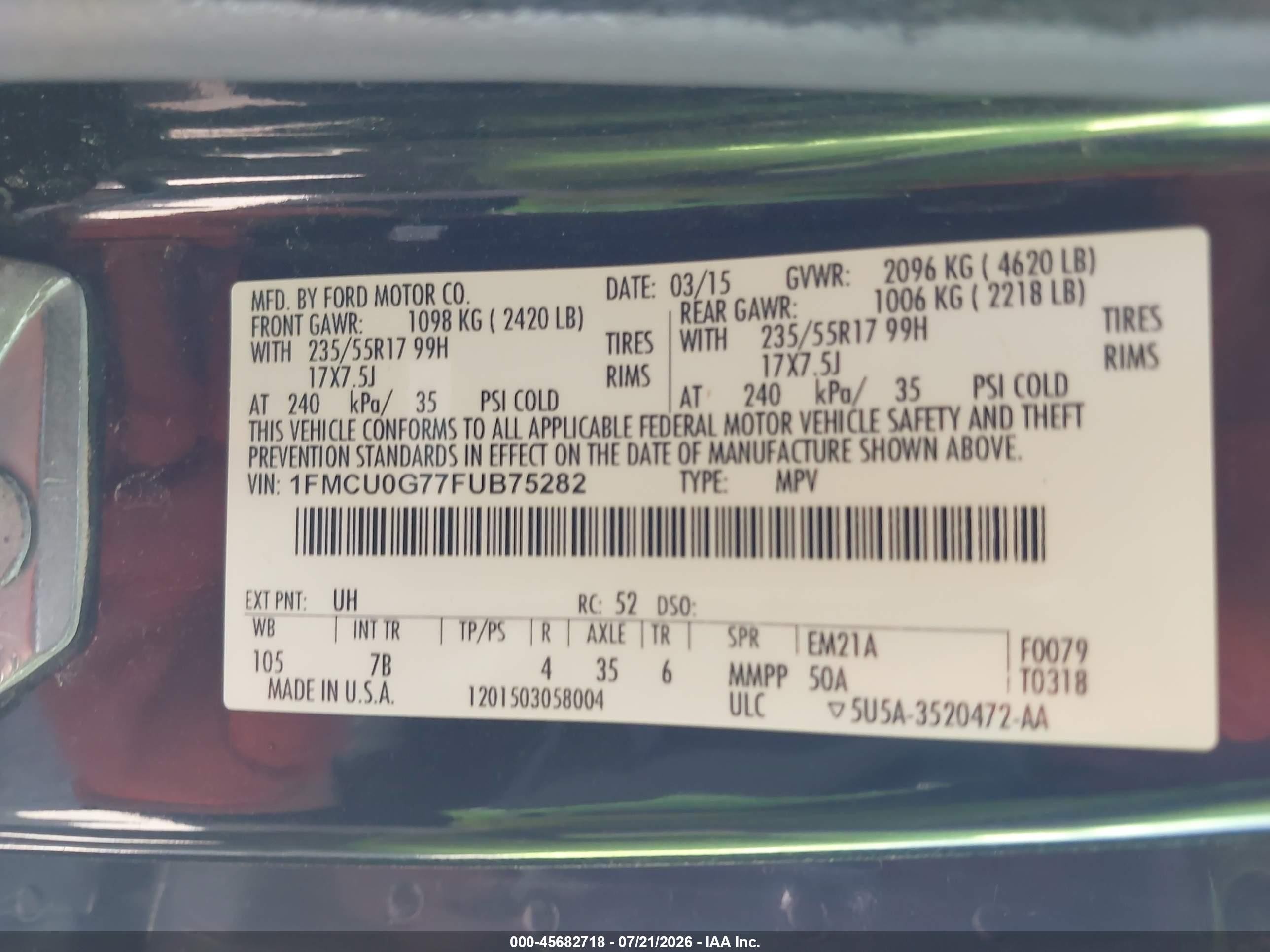 2015 Ford Escape Se Black vin: 1FMCU0G77FUB75282