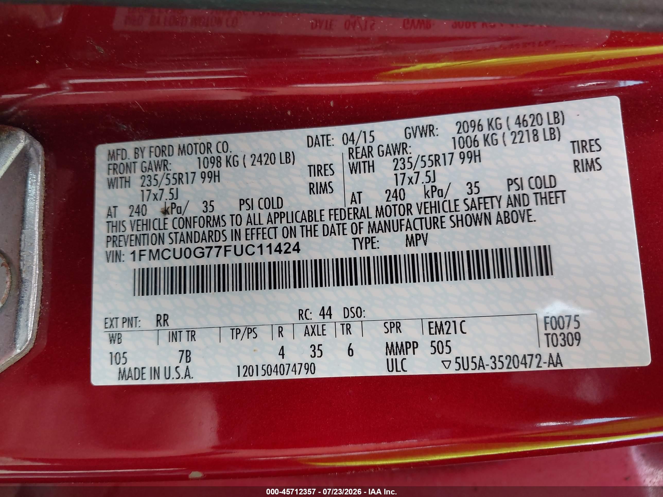 2015 Ford Escape Se Red vin: 1FMCU0G77FUC11424