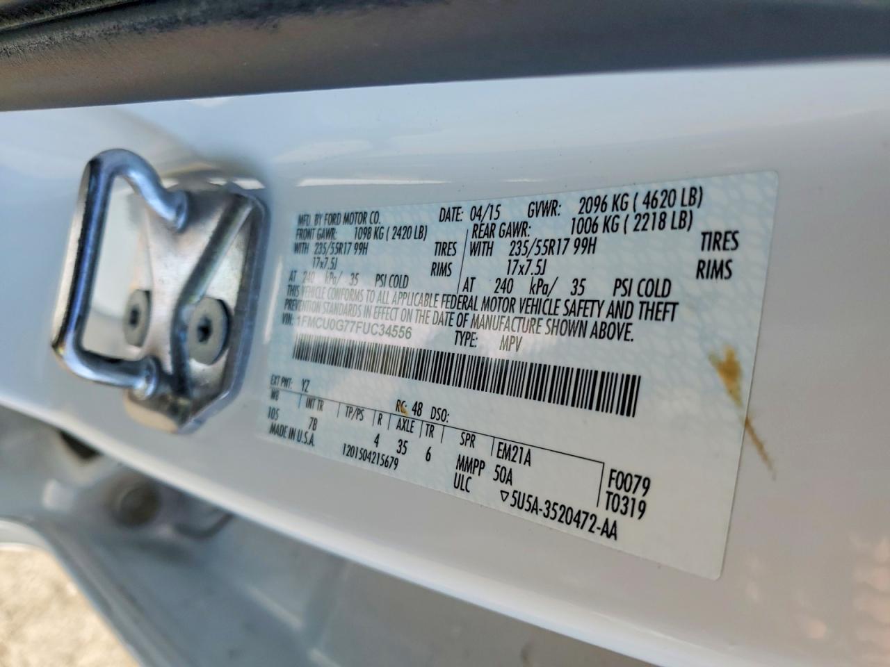 2015 Ford Escape Se White vin: 1FMCU0G77FUC34556