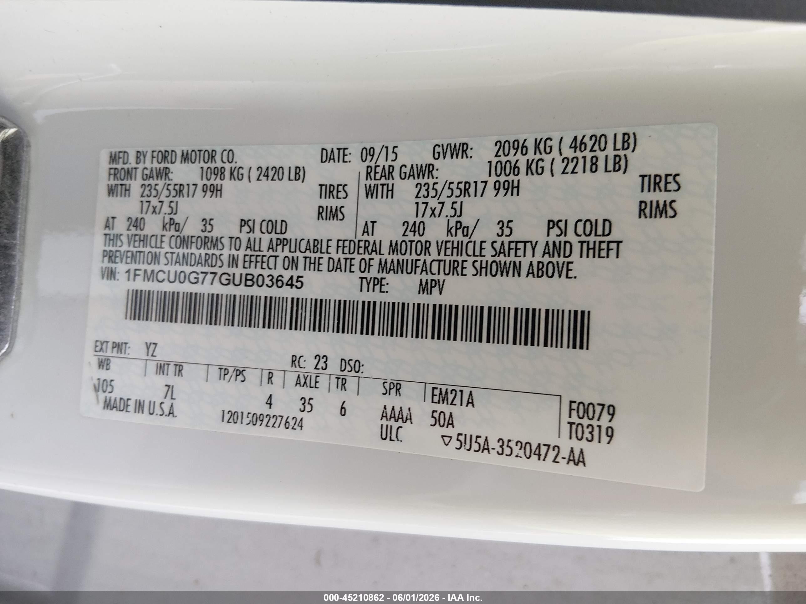 2016 Ford Escape Se White vin: 1FMCU0G77GUB03645