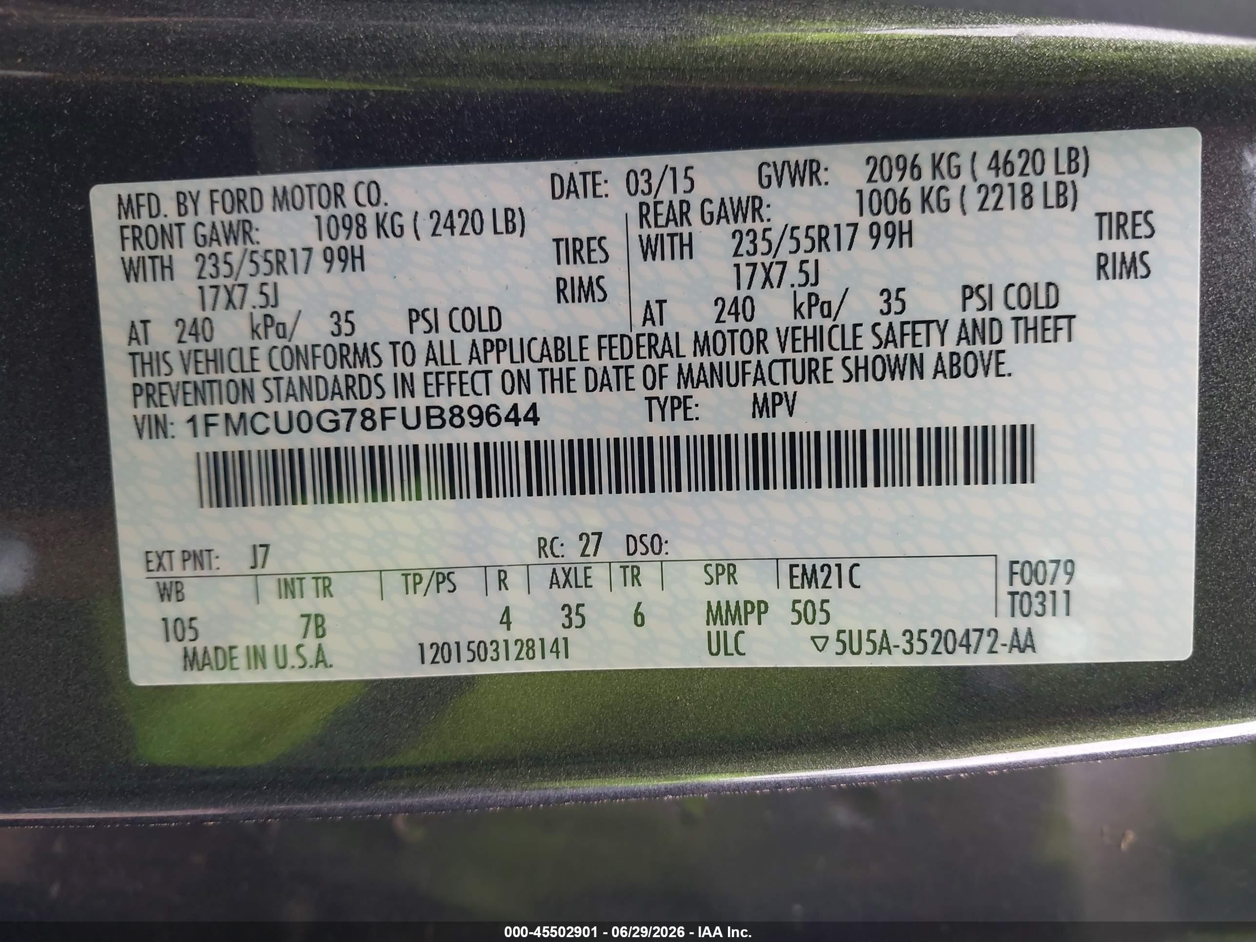 2015 Ford Escape Se Gray vin: 1FMCU0G78FUB89644