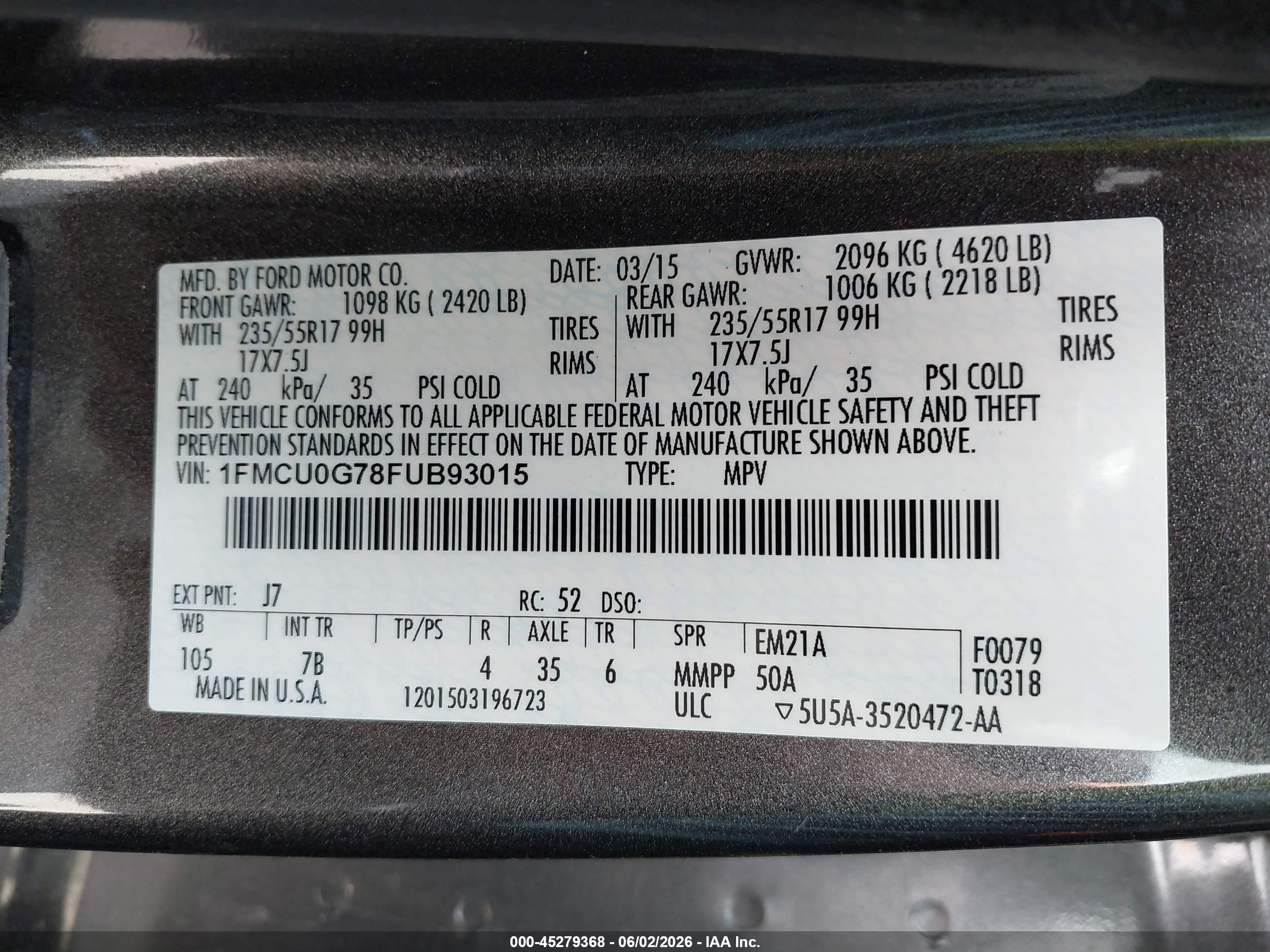 2015 Ford Escape Se Gray vin: 1FMCU0G78FUB93015