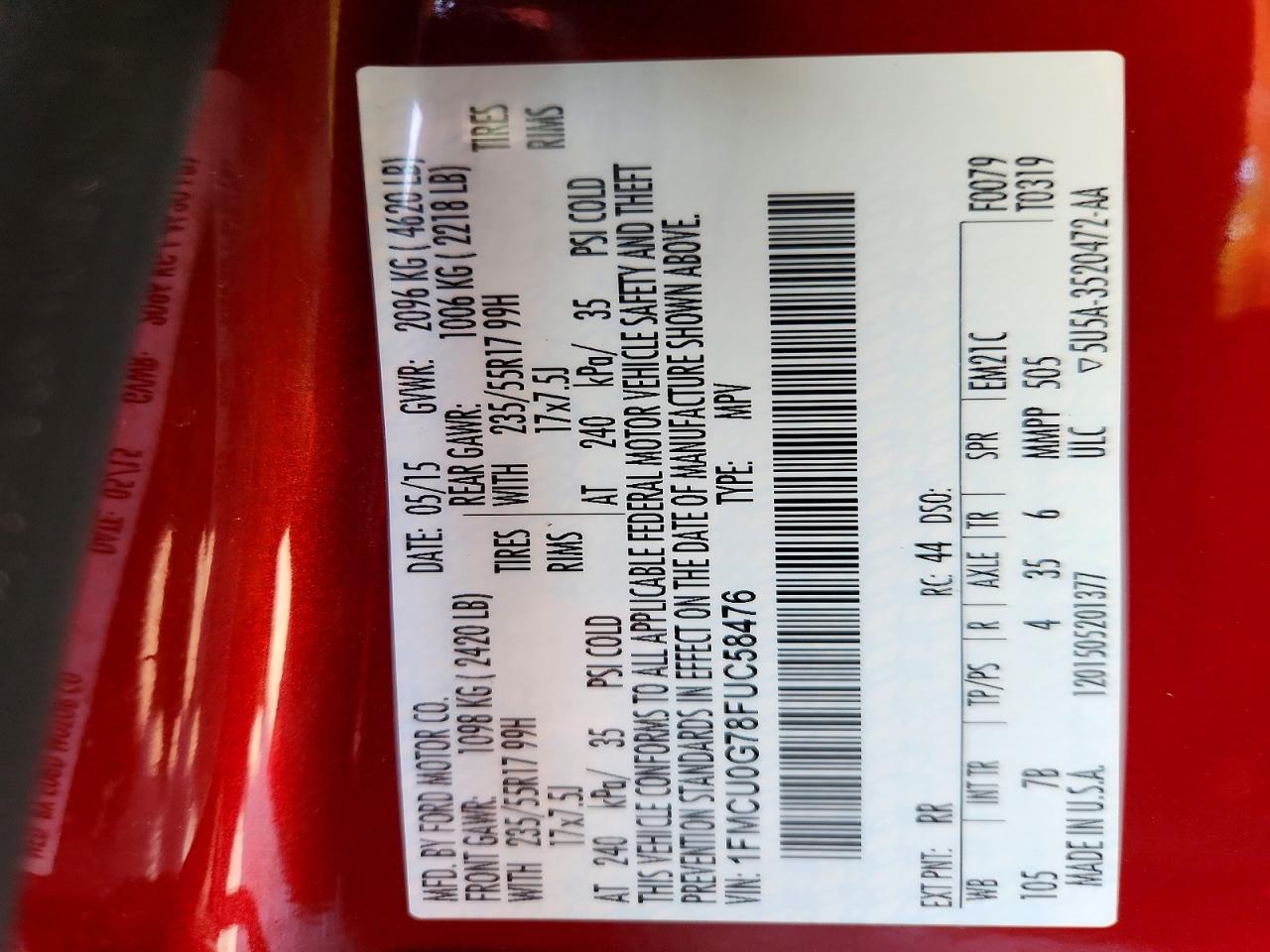 2015 Ford Escape Se Red vin: 1FMCU0G78FUC58476