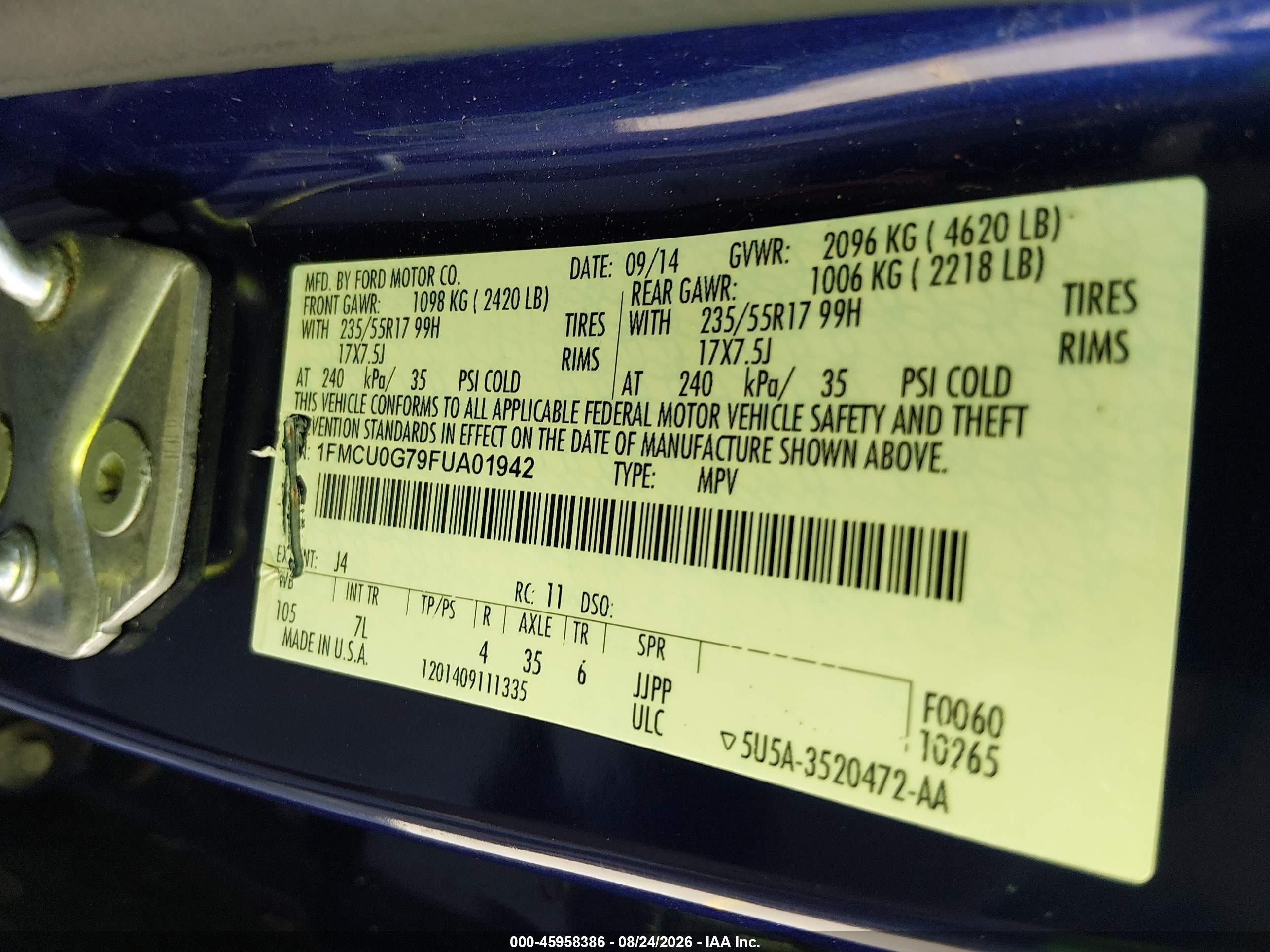 2015 Ford Escape Se Blue vin: 1FMCU0G79FUA01942