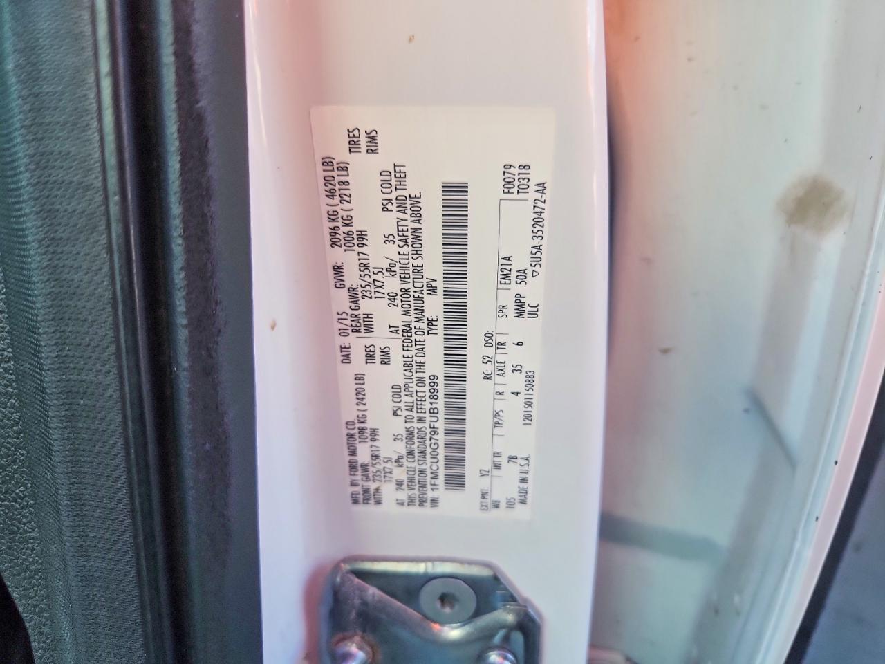 2015 Ford Escape Se White vin: 1FMCU0G79FUB18999