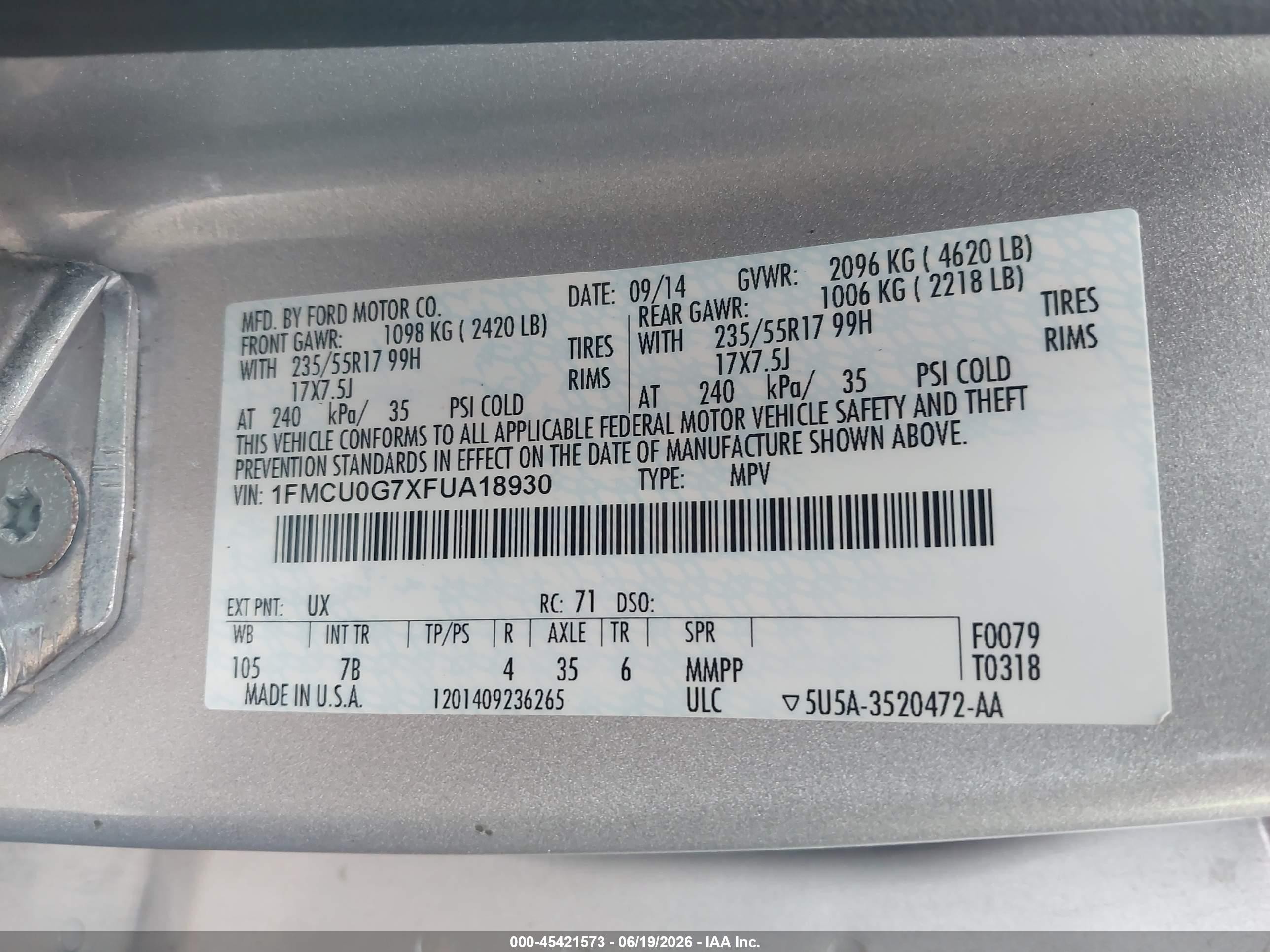 2015 Ford Escape Se Silver vin: 1FMCU0G7XFUA18930