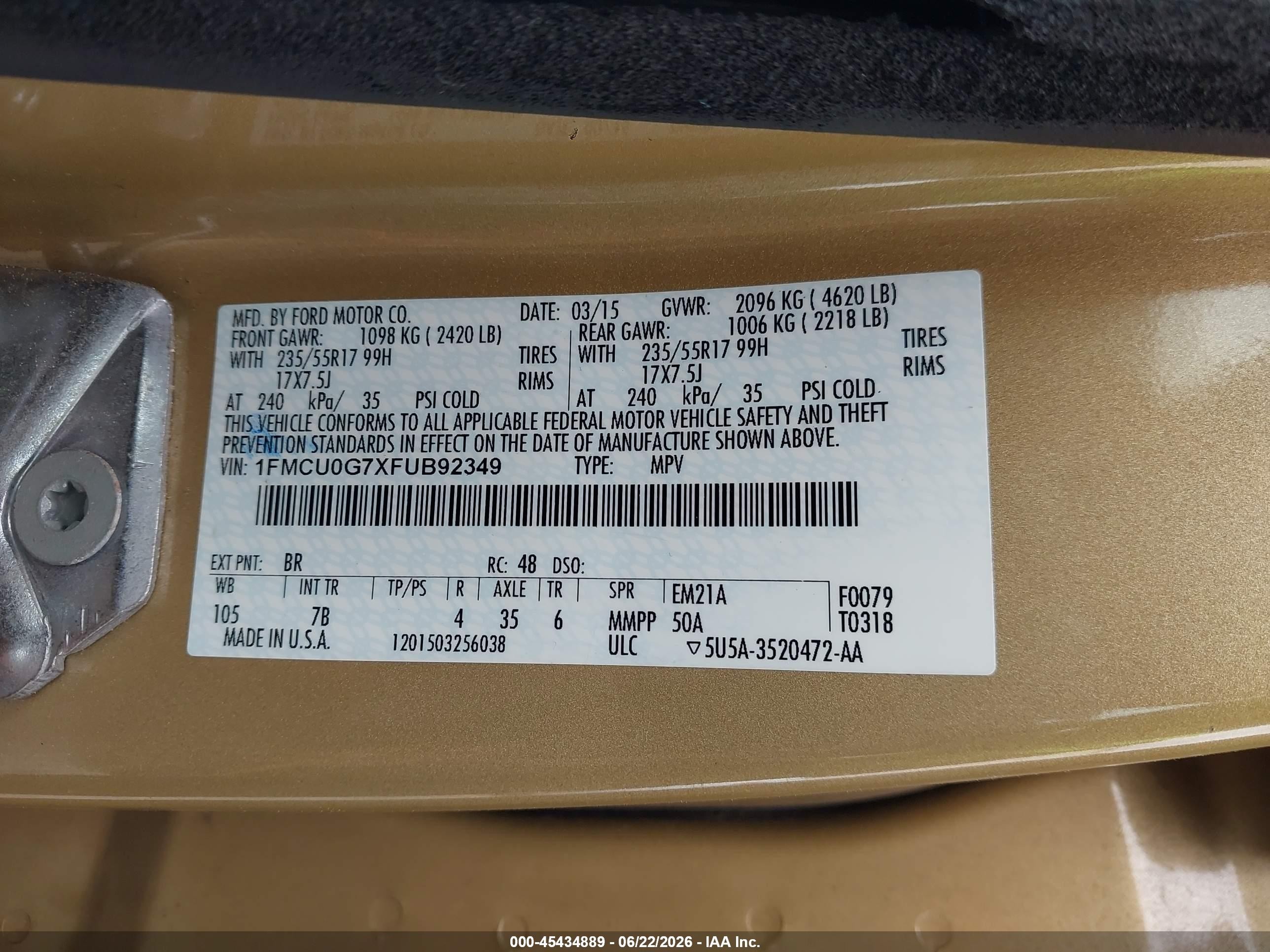 2015 Ford Escape Se Gold vin: 1FMCU0G7XFUB92349