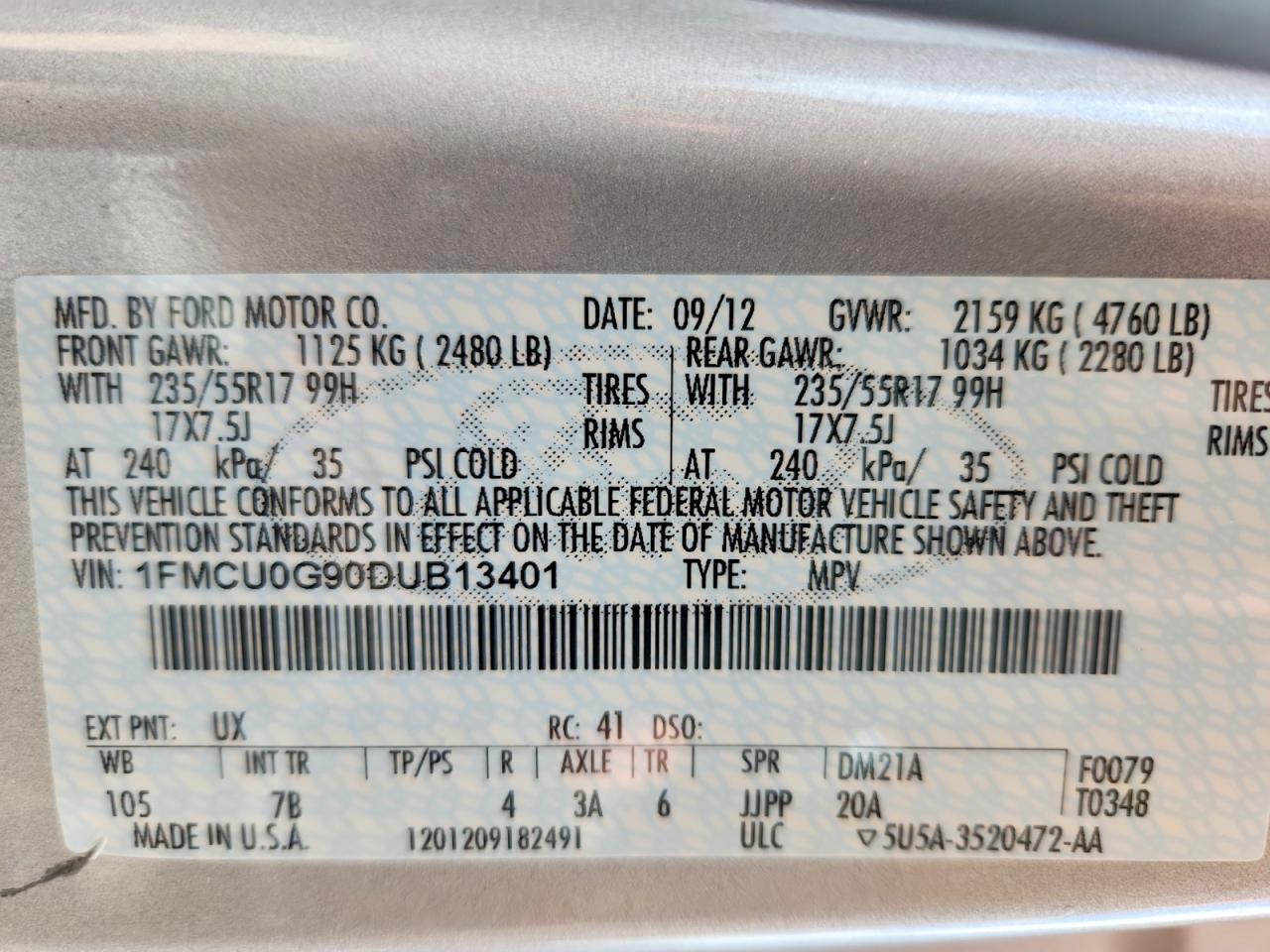 2013 Ford Escape Se Silver vin: 1FMCU0G90DUB13401
