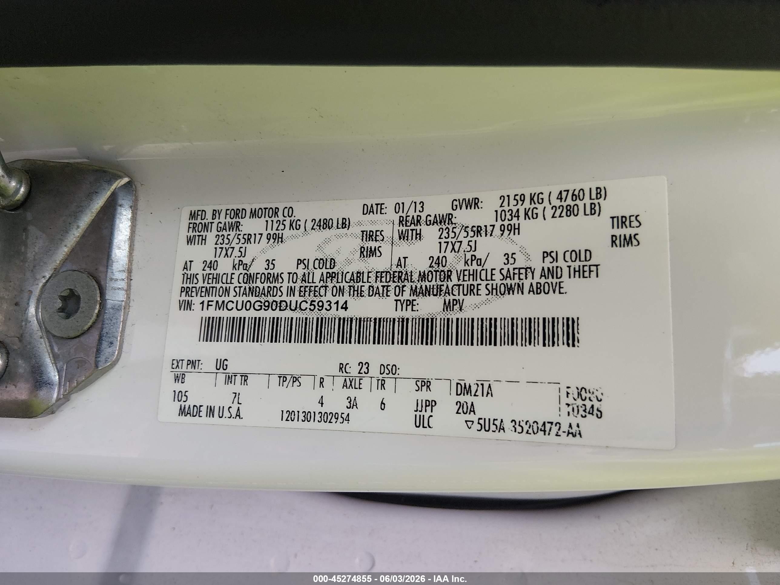 2013 Ford Escape Se White vin: 1FMCU0G90DUC59314