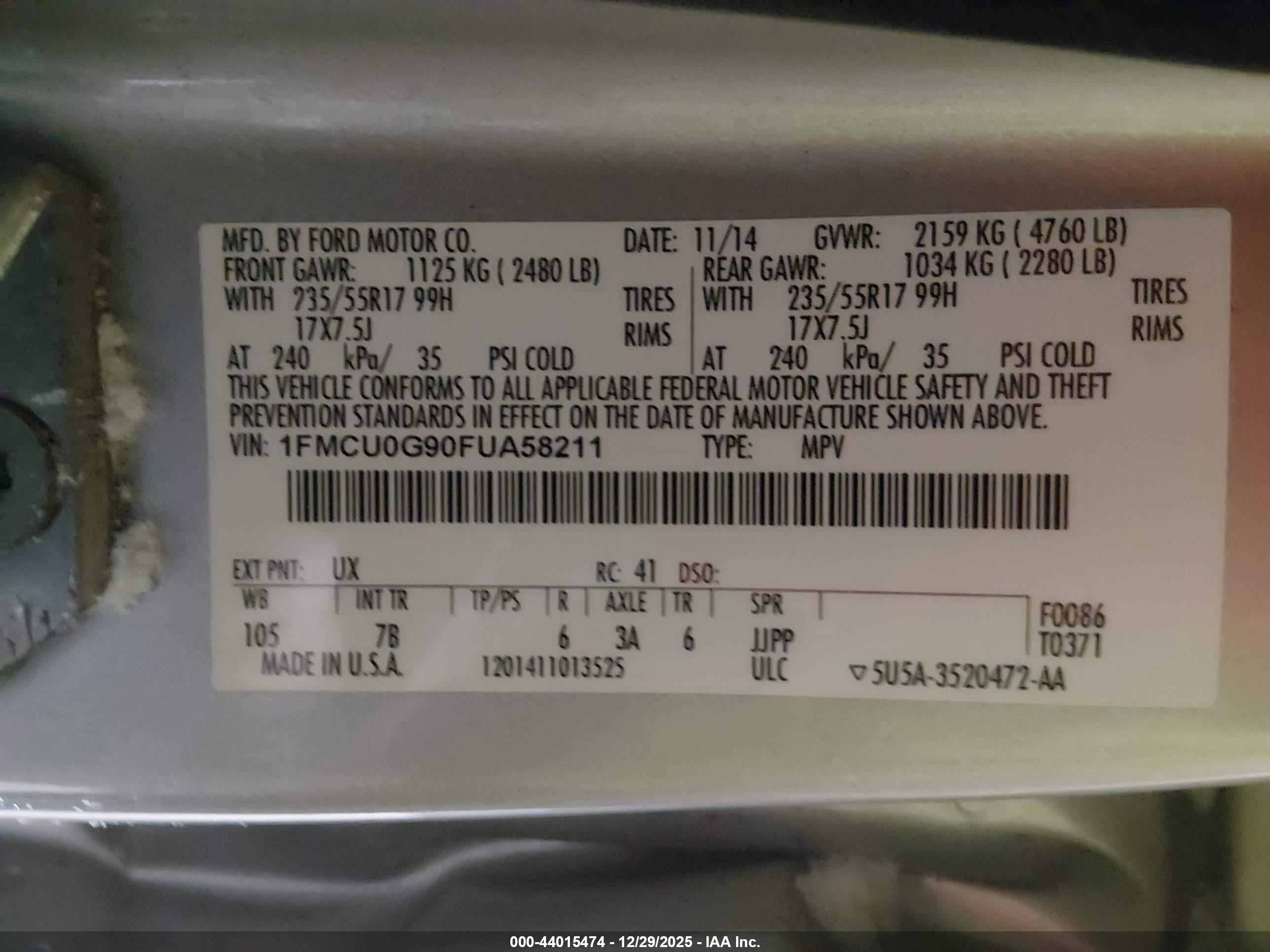 2015 Ford Escape Se Silver vin: 1FMCU0G90FUA58211