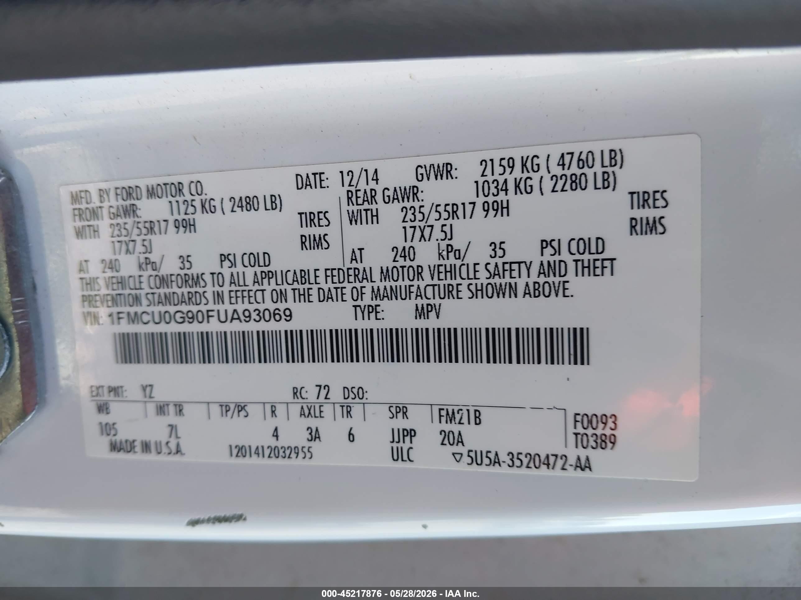 2015 Ford Escape Se White vin: 1FMCU0G90FUA93069