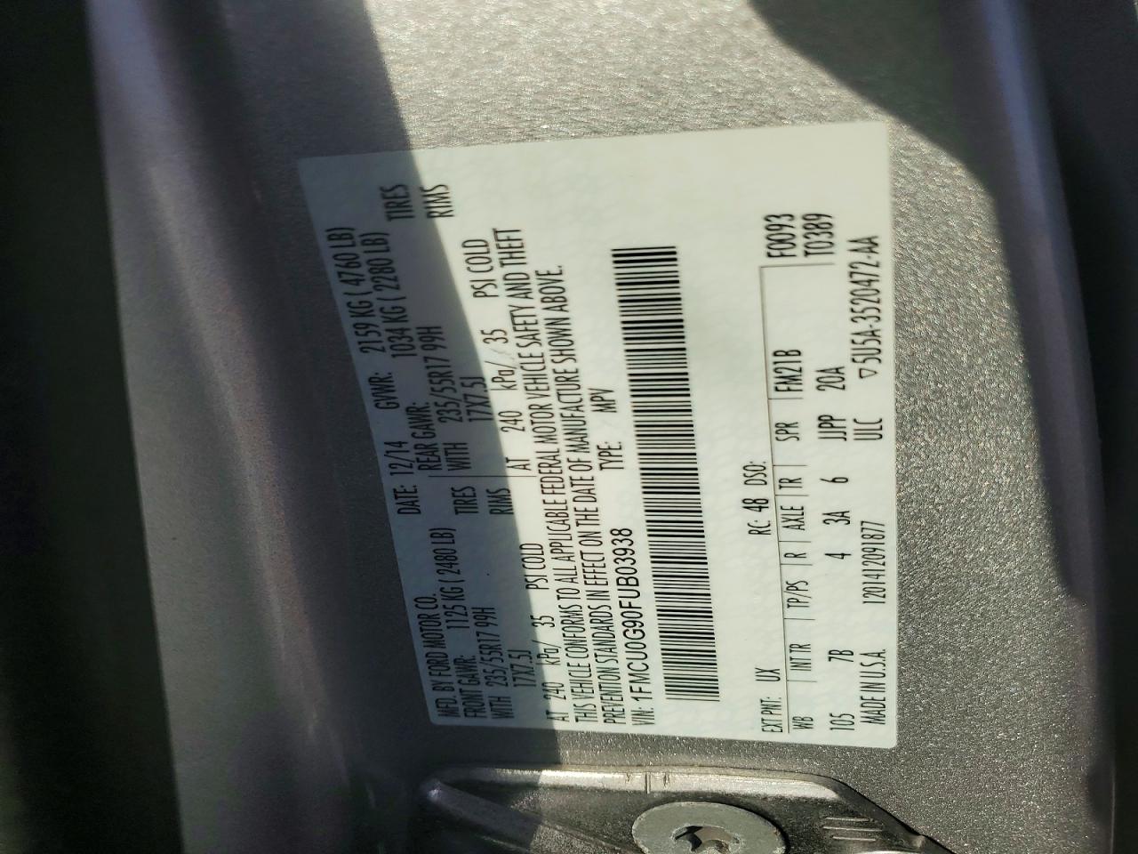 2015 Ford Escape Se Silver vin: 1FMCU0G90FUB03938