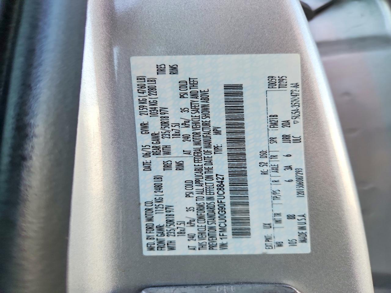 2015 Ford Escape Se Silver vin: 1FMCU0G90FUC88427