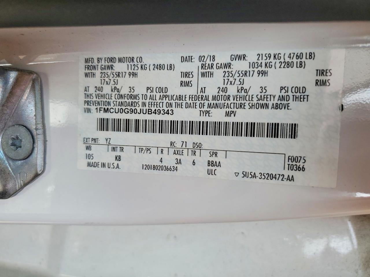 2018 Ford Escape Se White vin: 1FMCU0G90JUB49343