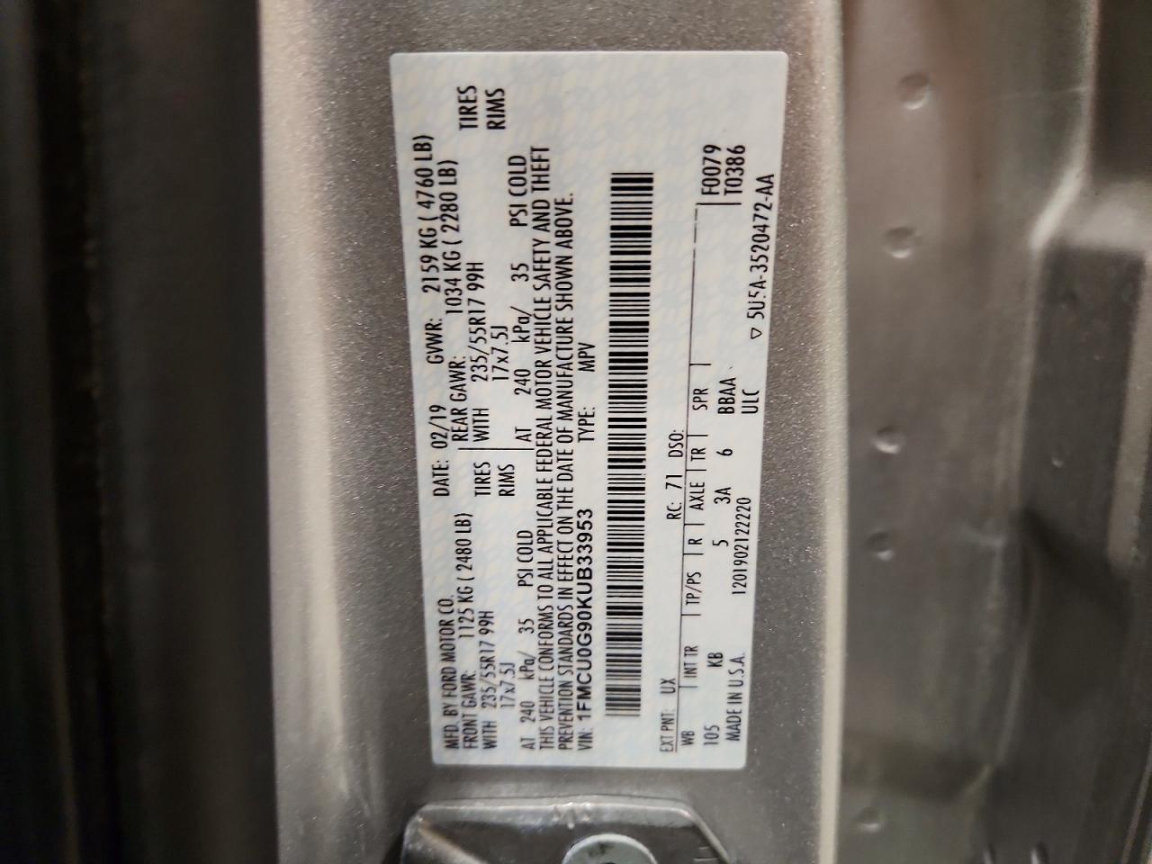 2019 Ford Escape Se Silver vin: 1FMCU0G90KUB33953