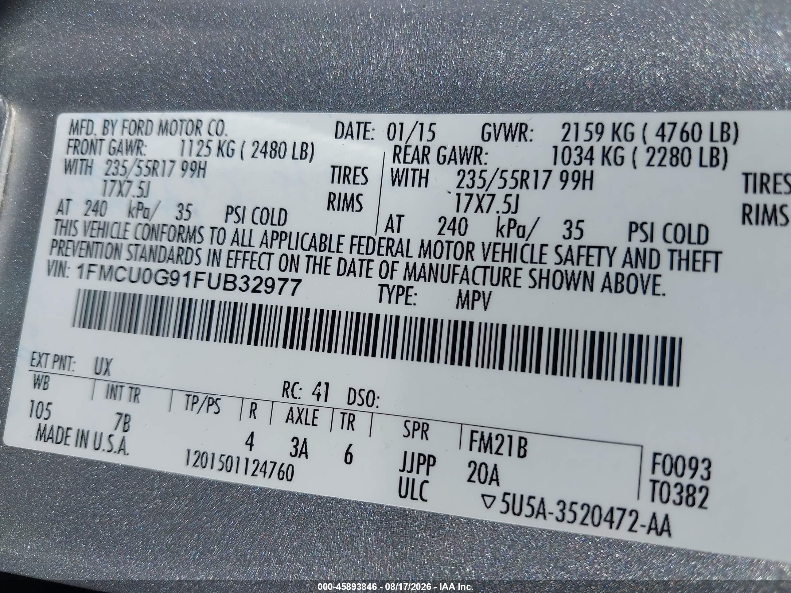 2015 Ford Escape Se Silver vin: 1FMCU0G91FUB32977