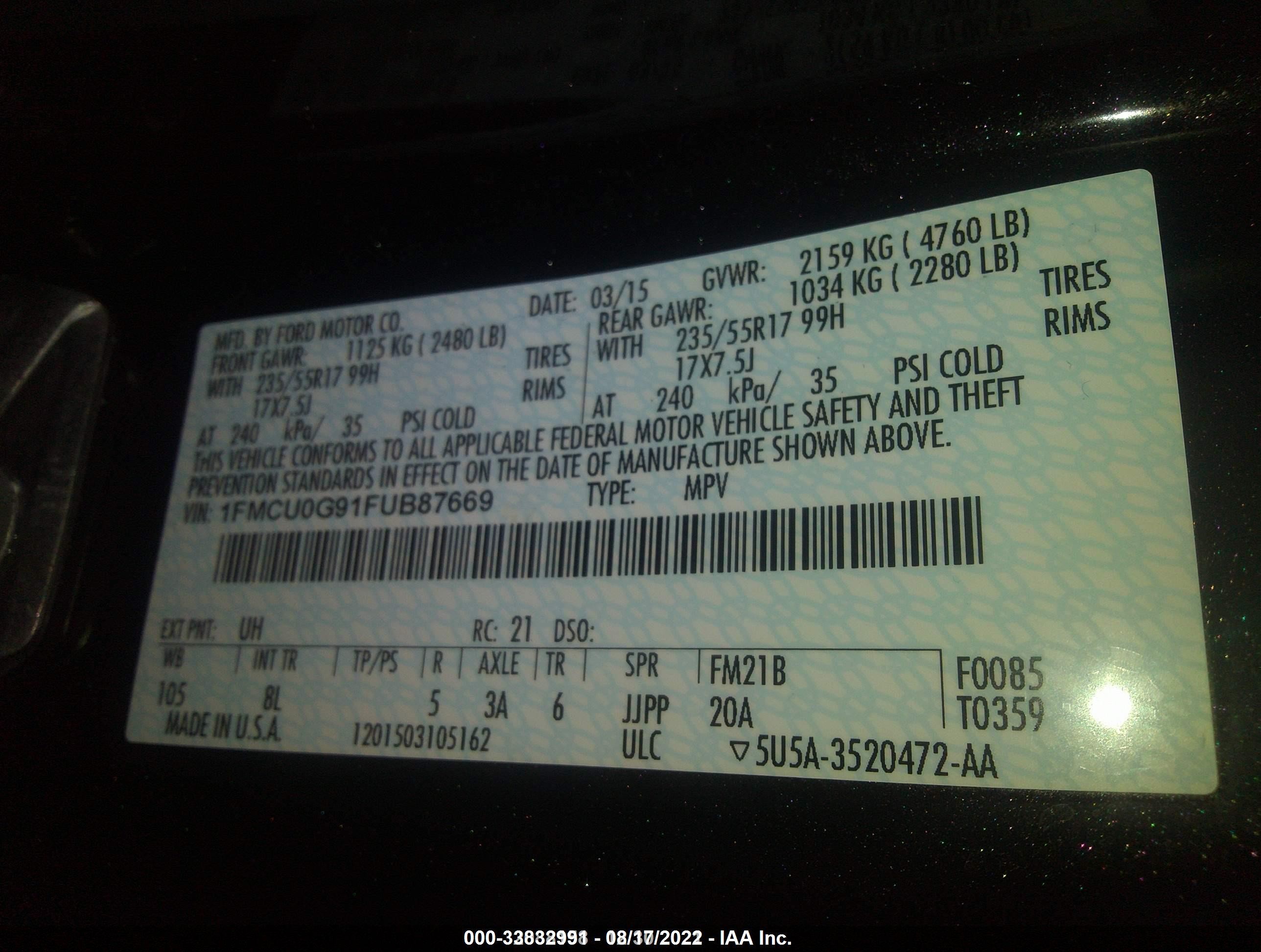 2015 Ford Escape Se vin: 1FMCU0G91FUB87669