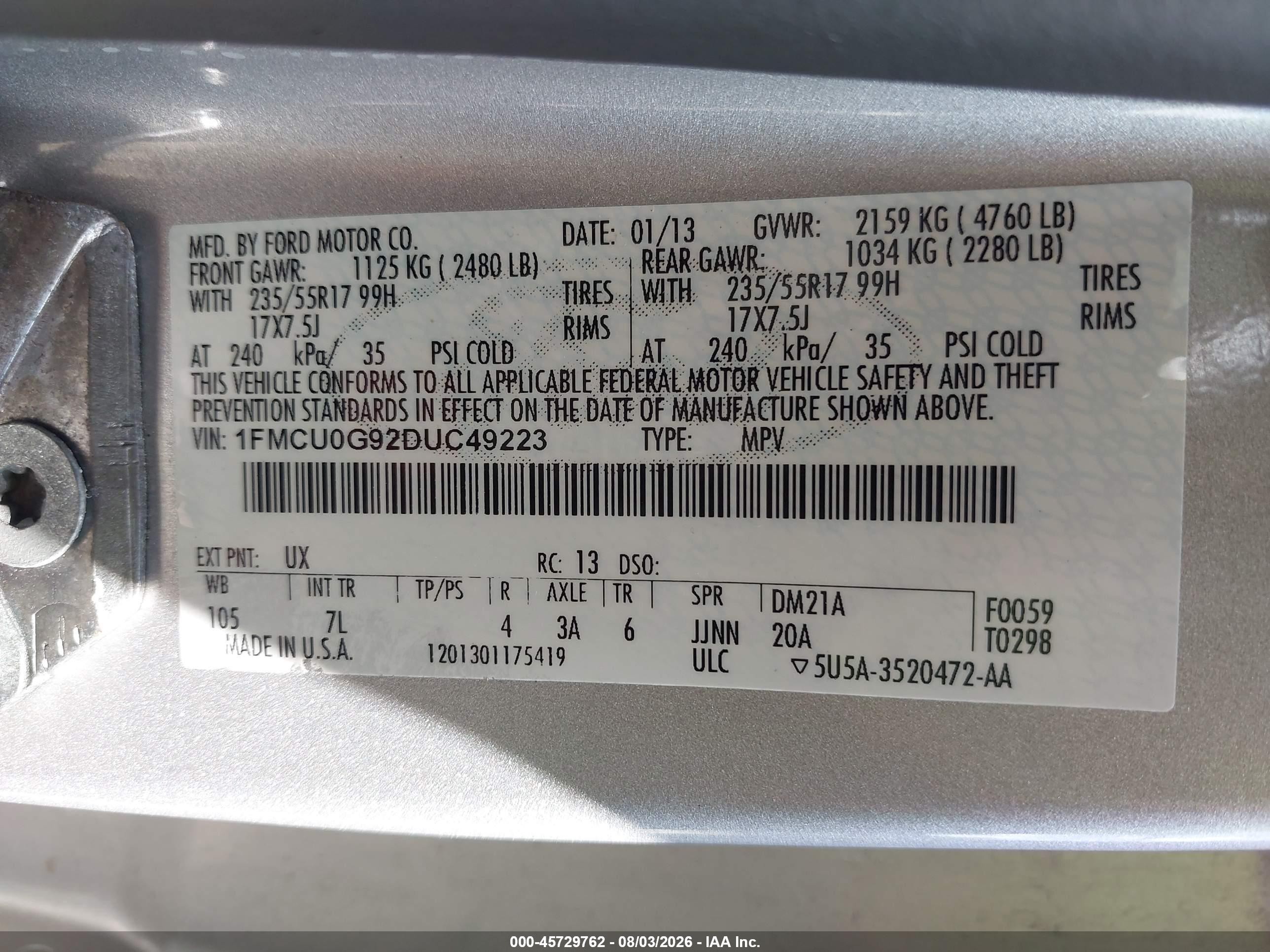 2013 Ford Escape Se Silver vin: 1FMCU0G92DUC49223