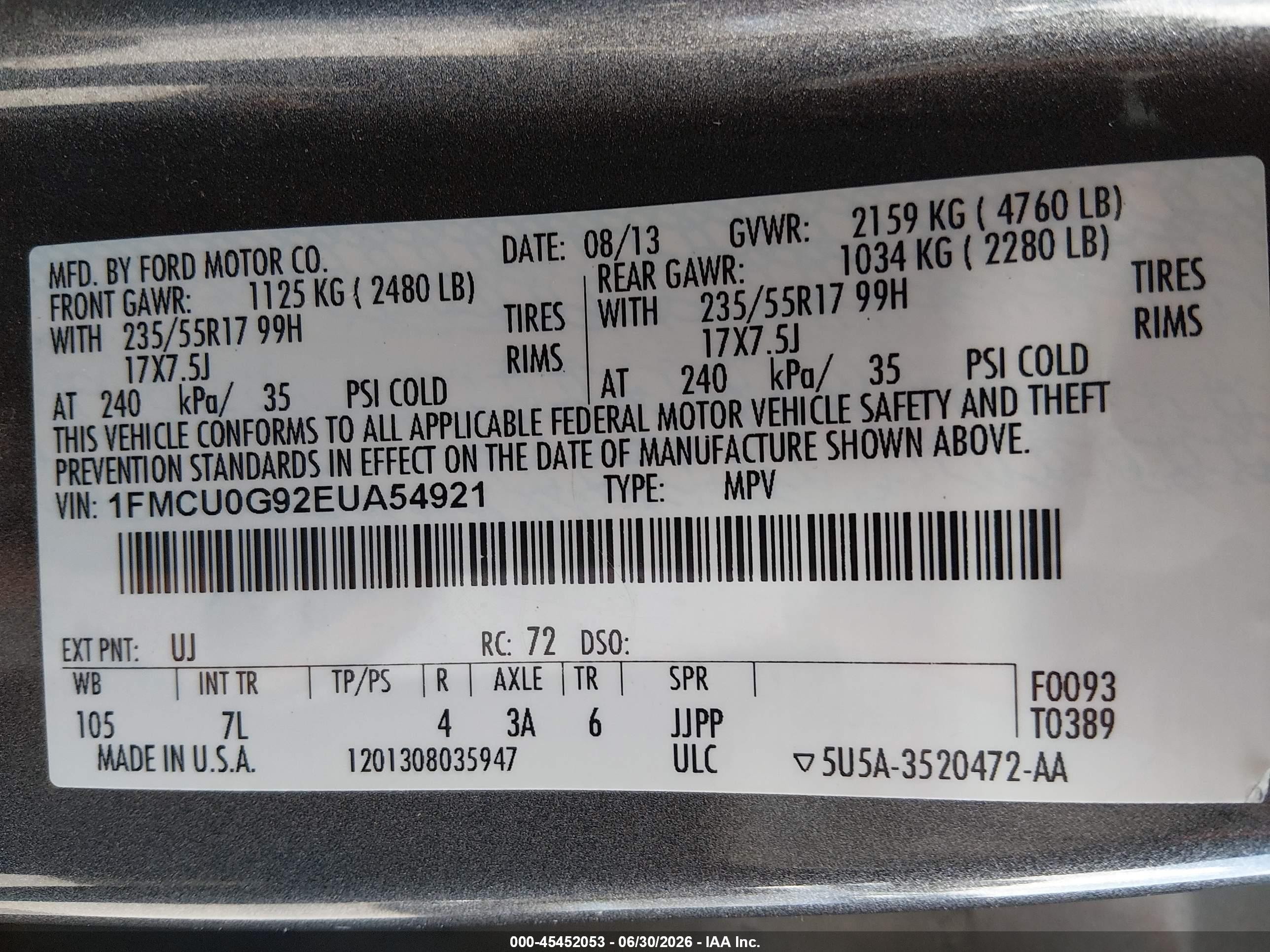 2014 Ford Escape Se Gray vin: 1FMCU0G92EUA54921