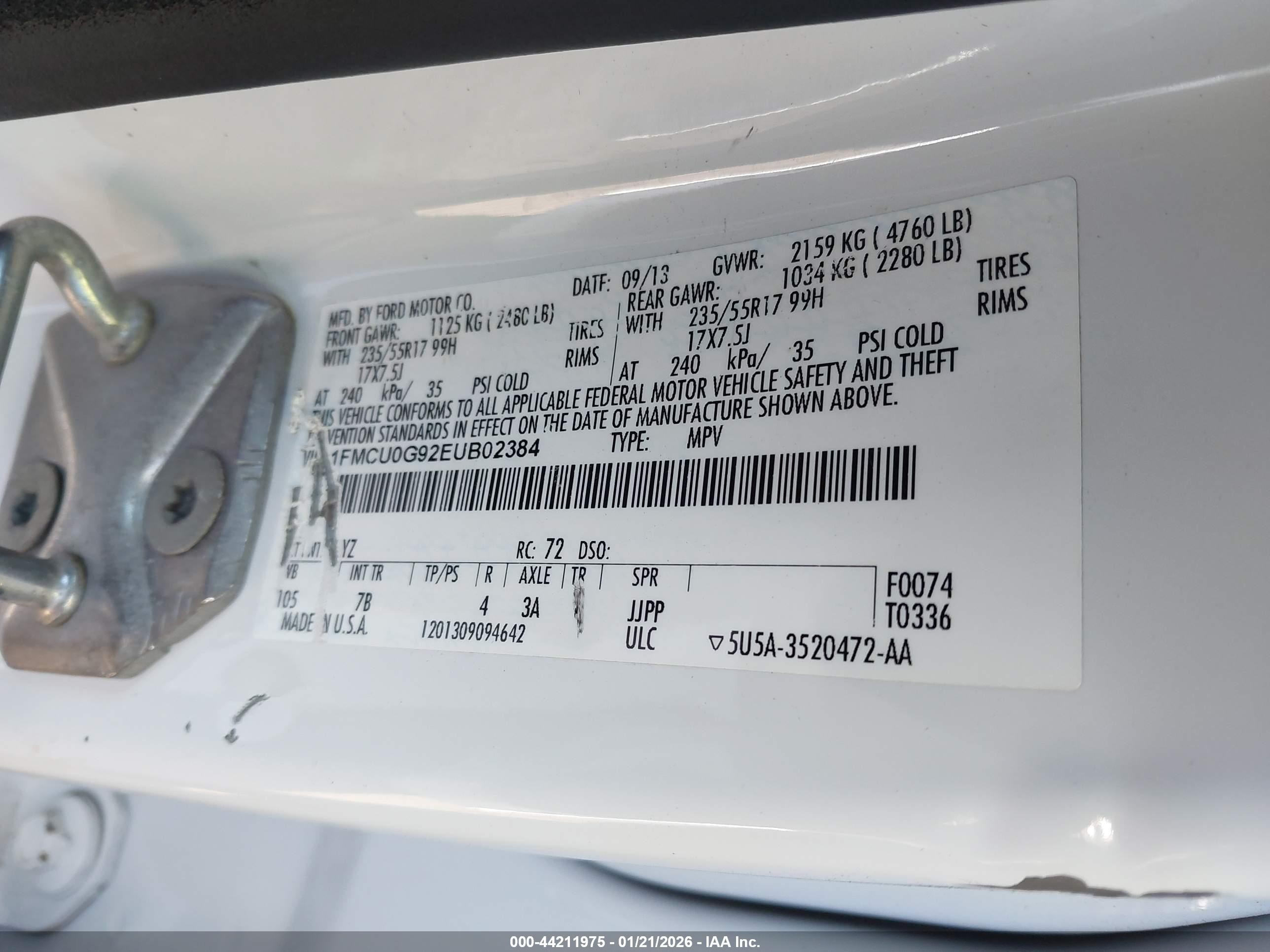 2014 Ford Escape Se White vin: 1FMCU0G92EUB02384