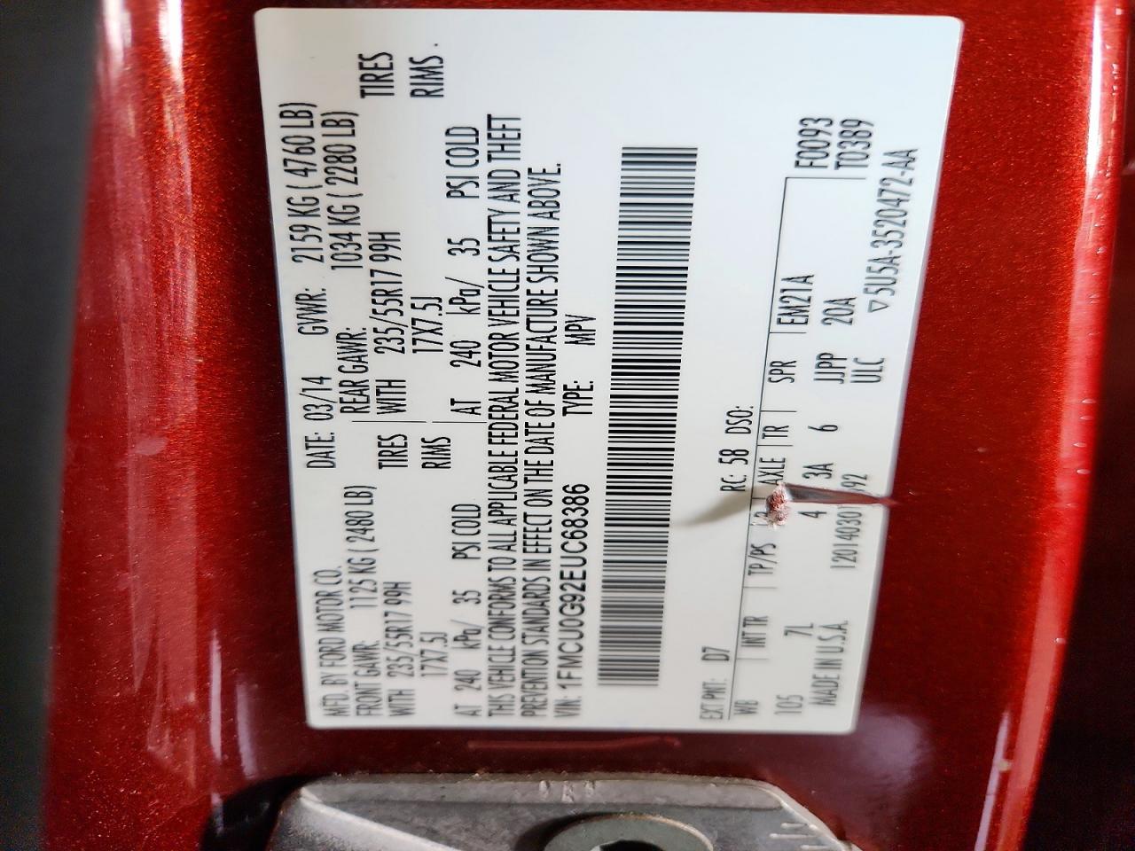 2014 Ford Escape Se Red vin: 1FMCU0G92EUC68386