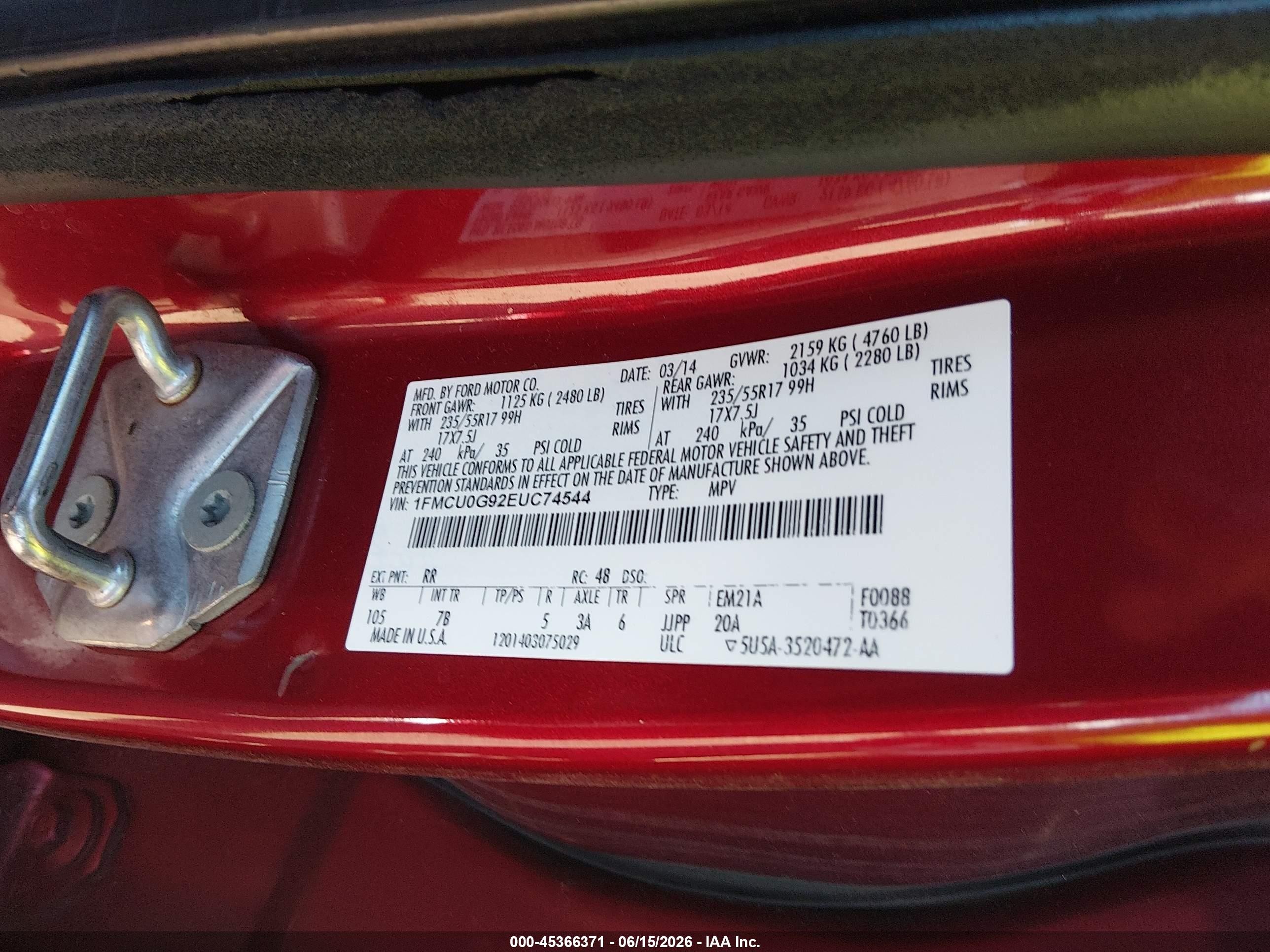 2014 Ford Escape Se Red vin: 1FMCU0G92EUC74544
