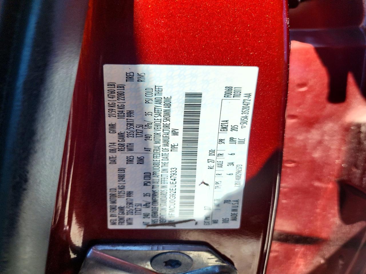 2014 Ford Escape Se Red vin: 1FMCU0G92EUE47933