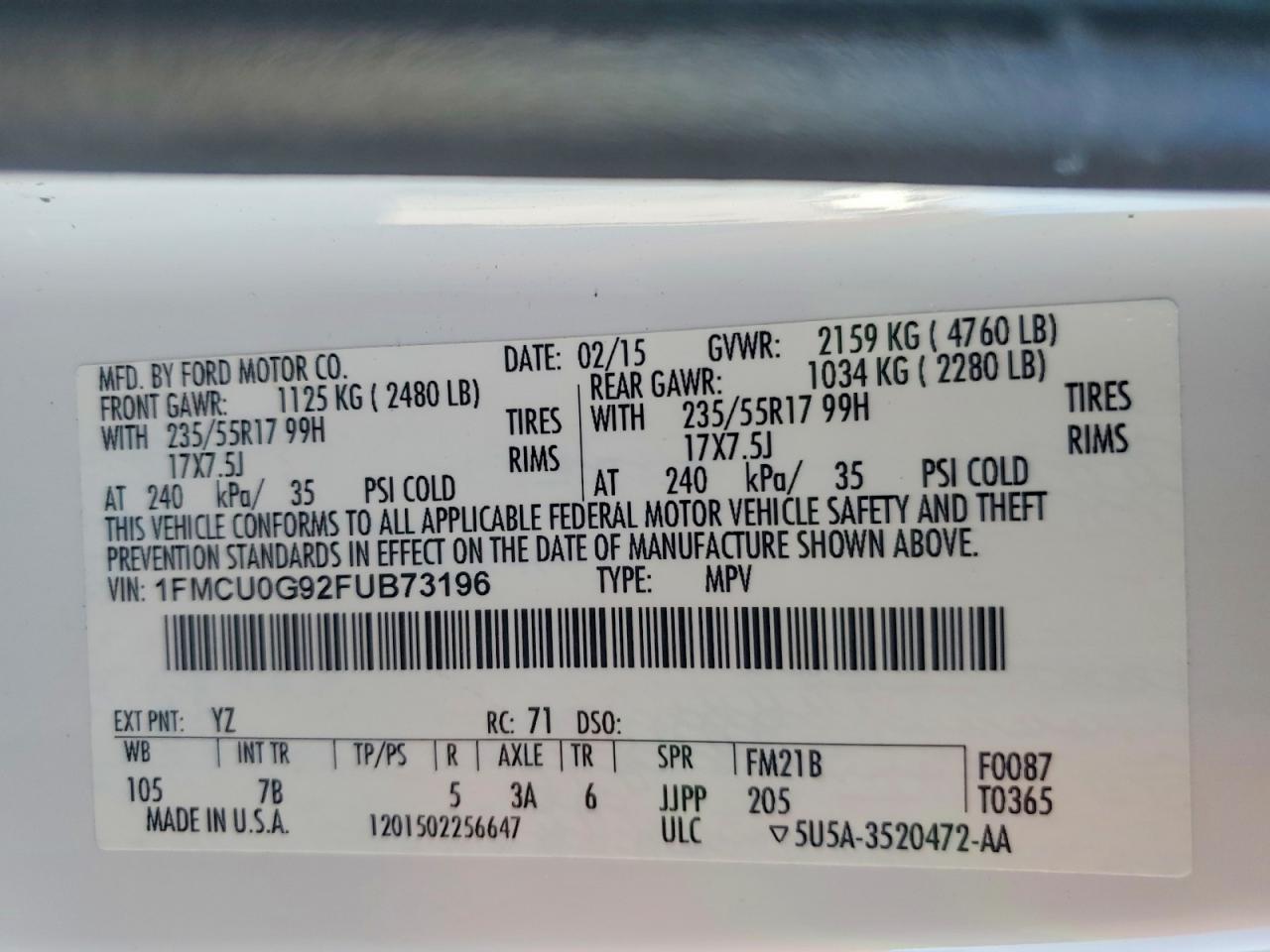 2015 Ford Escape Se White vin: 1FMCU0G92FUB73196