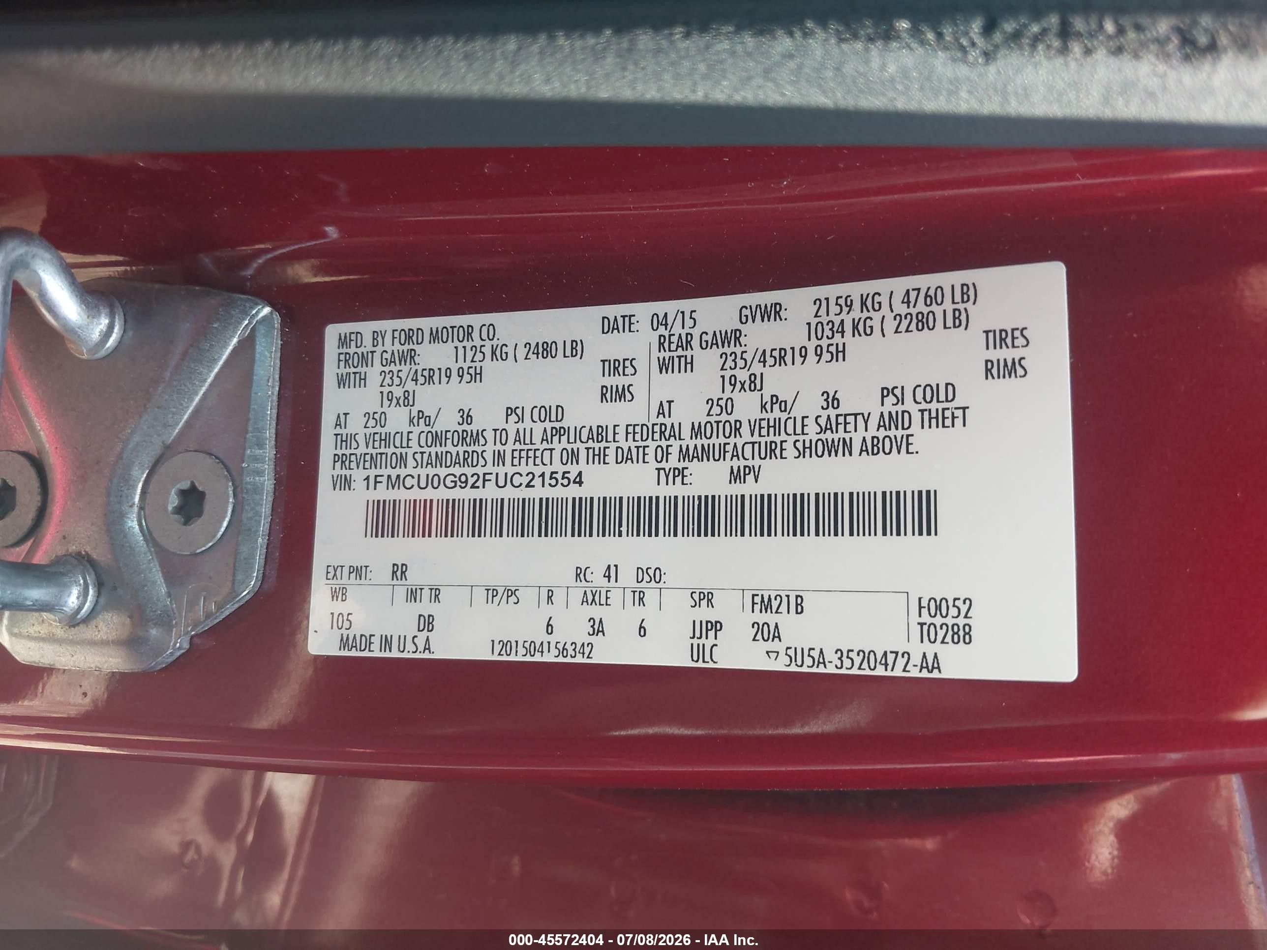 2015 Ford Escape Se Red vin: 1FMCU0G92FUC21554