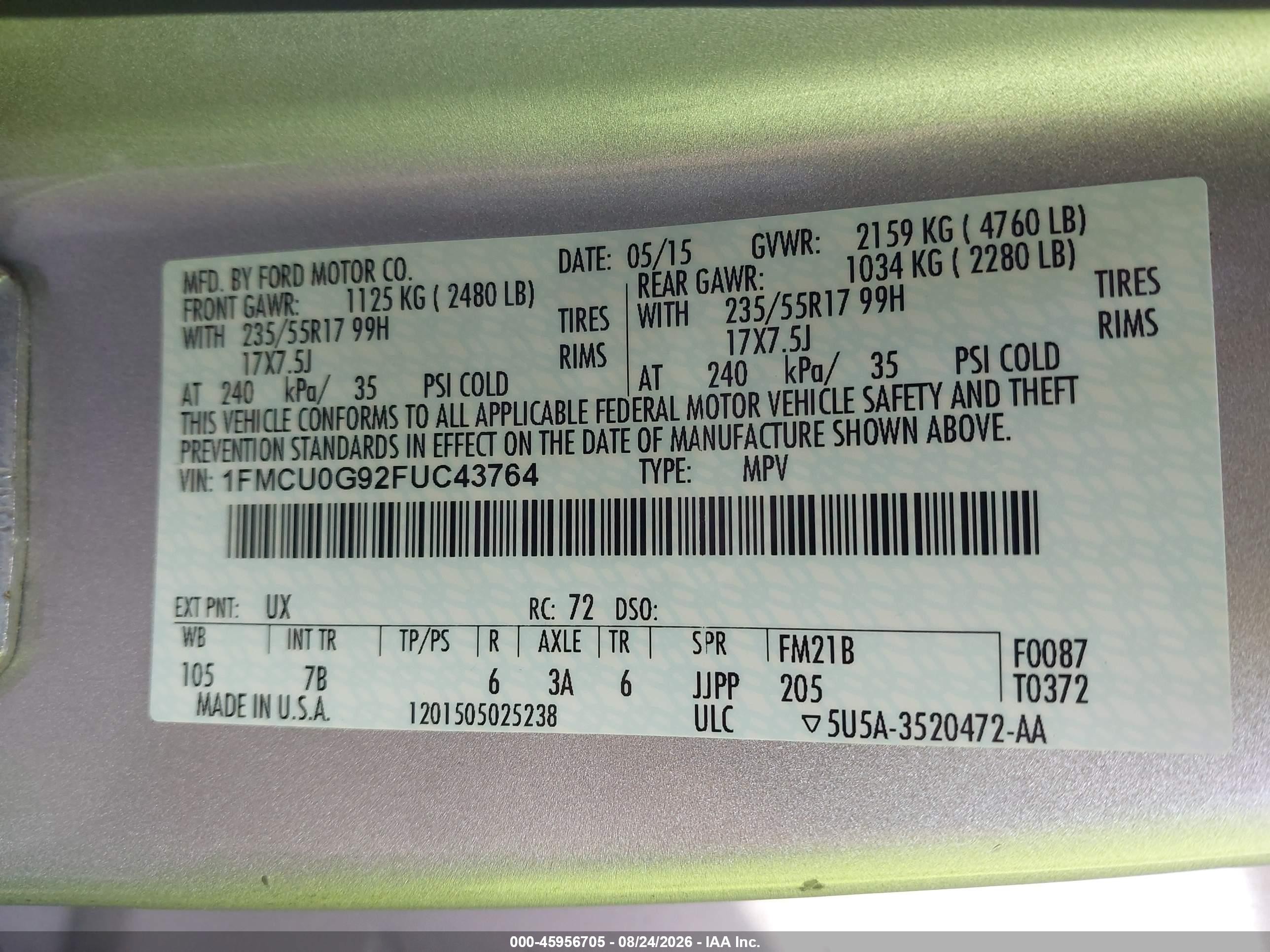 2015 Ford Escape Se Silver vin: 1FMCU0G92FUC43764