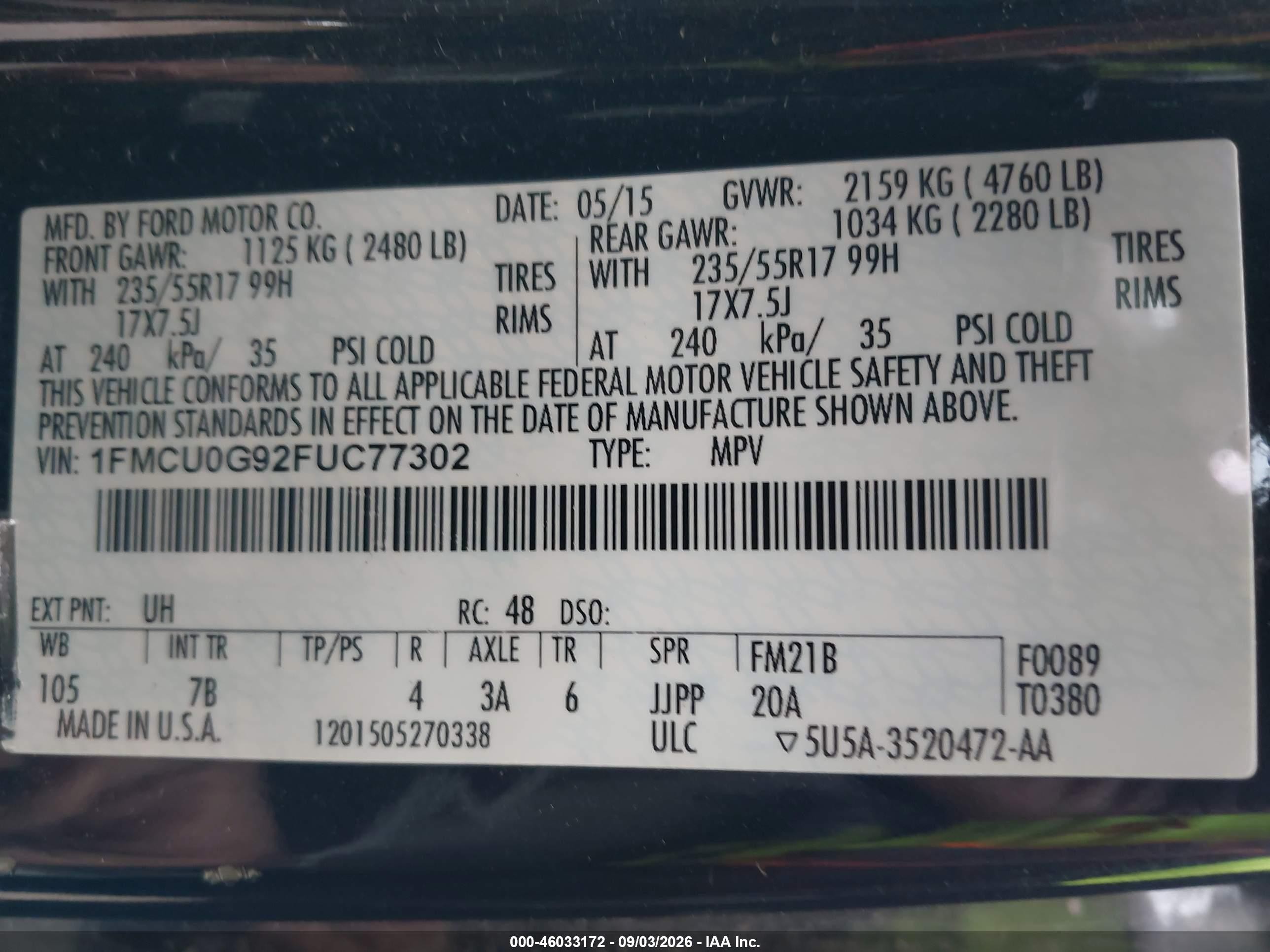 2015 Ford Escape Se Black vin: 1FMCU0G92FUC77302